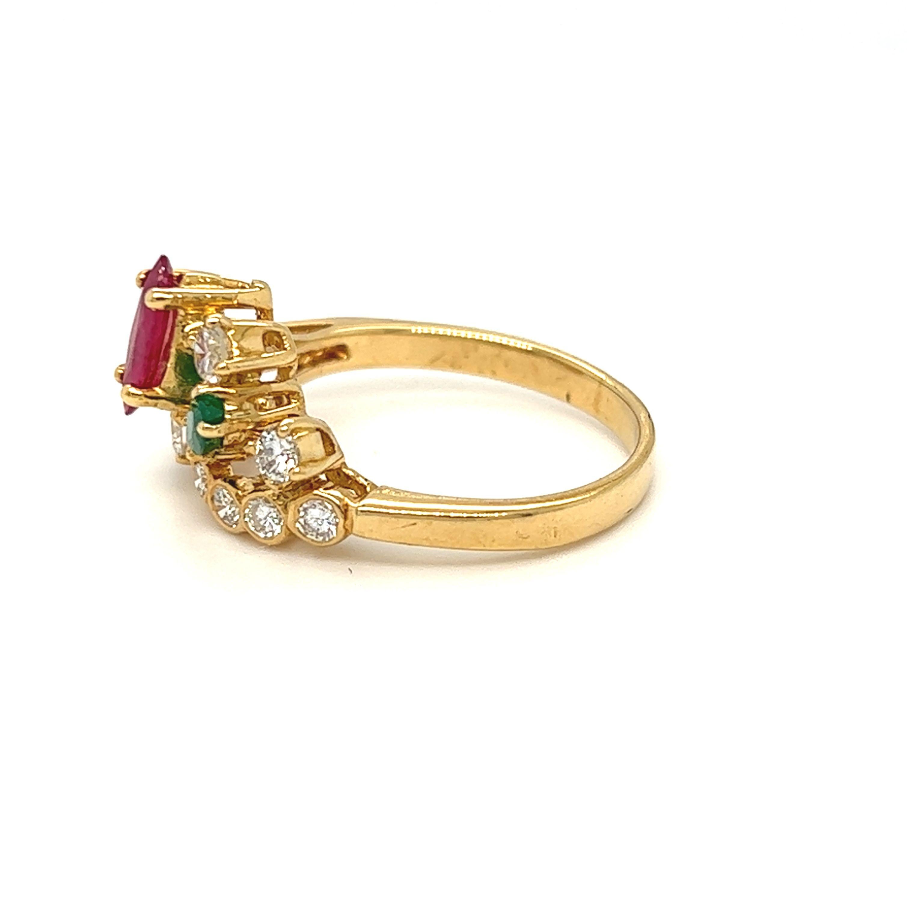 Cluster Floral Gemstone Ruby, Emerald, Diamond Ring 18k Yellow Gold For Sale 1