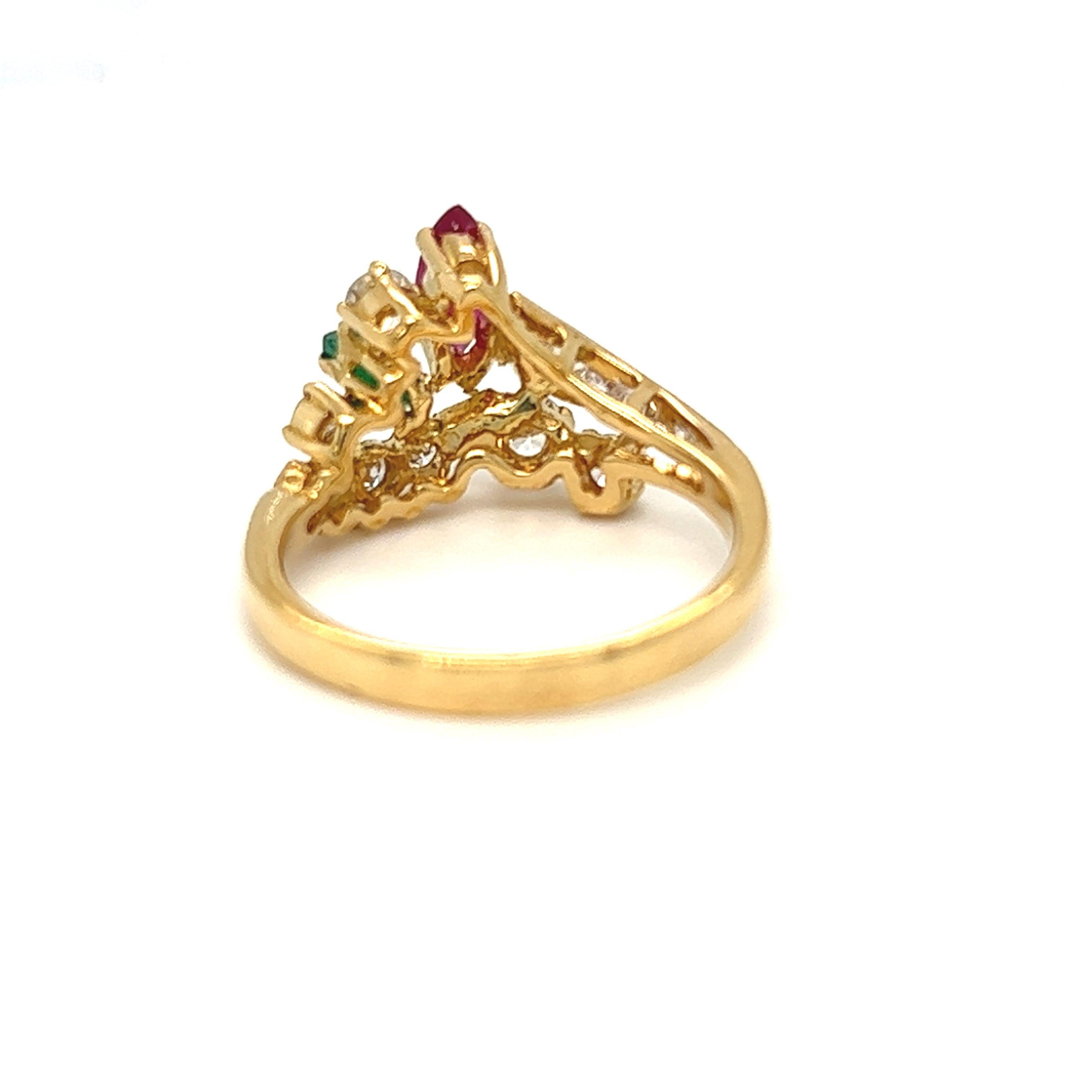 Cluster Floral Gemstone Ruby, Emerald, Diamond Ring 18k Yellow Gold For Sale 2