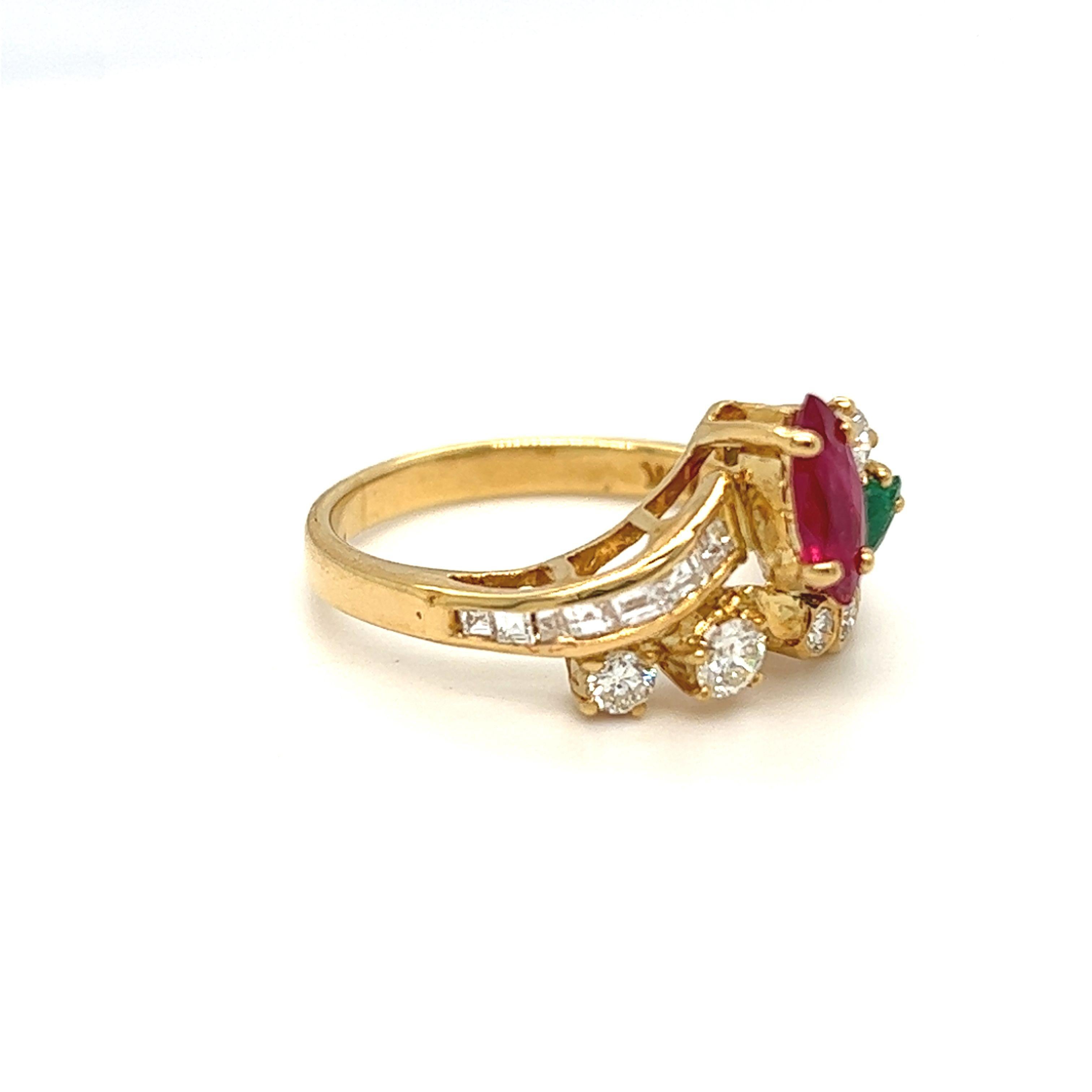 Cluster Floral Gemstone Ruby, Emerald, Diamond Ring 18k Yellow Gold For Sale 3