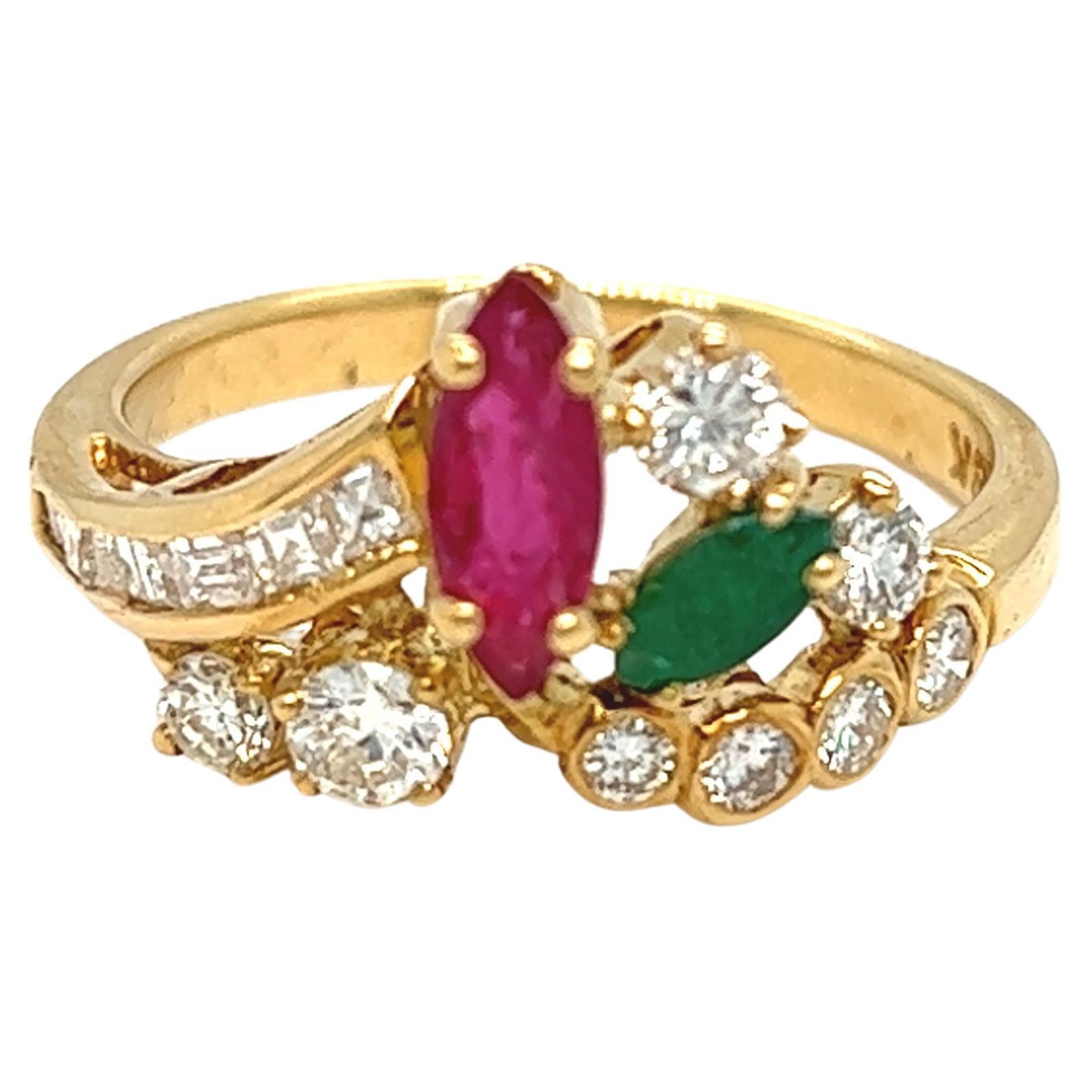Cluster Floral Gemstone Ruby, Emerald, Diamond Ring 18k Yellow Gold For Sale