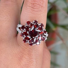 Cluster Garnet Cocktail Ring in Red Gemstone Vintage Ring Gift for Mom in Silver