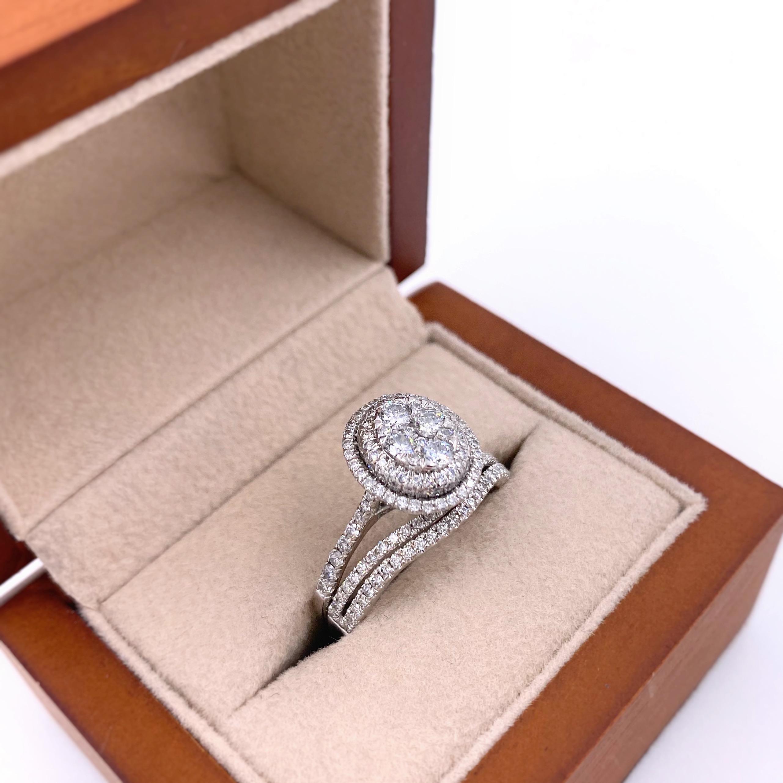 Cluster Halo Diamond Engagement Ring Wedding Set 1.28 Carat 3