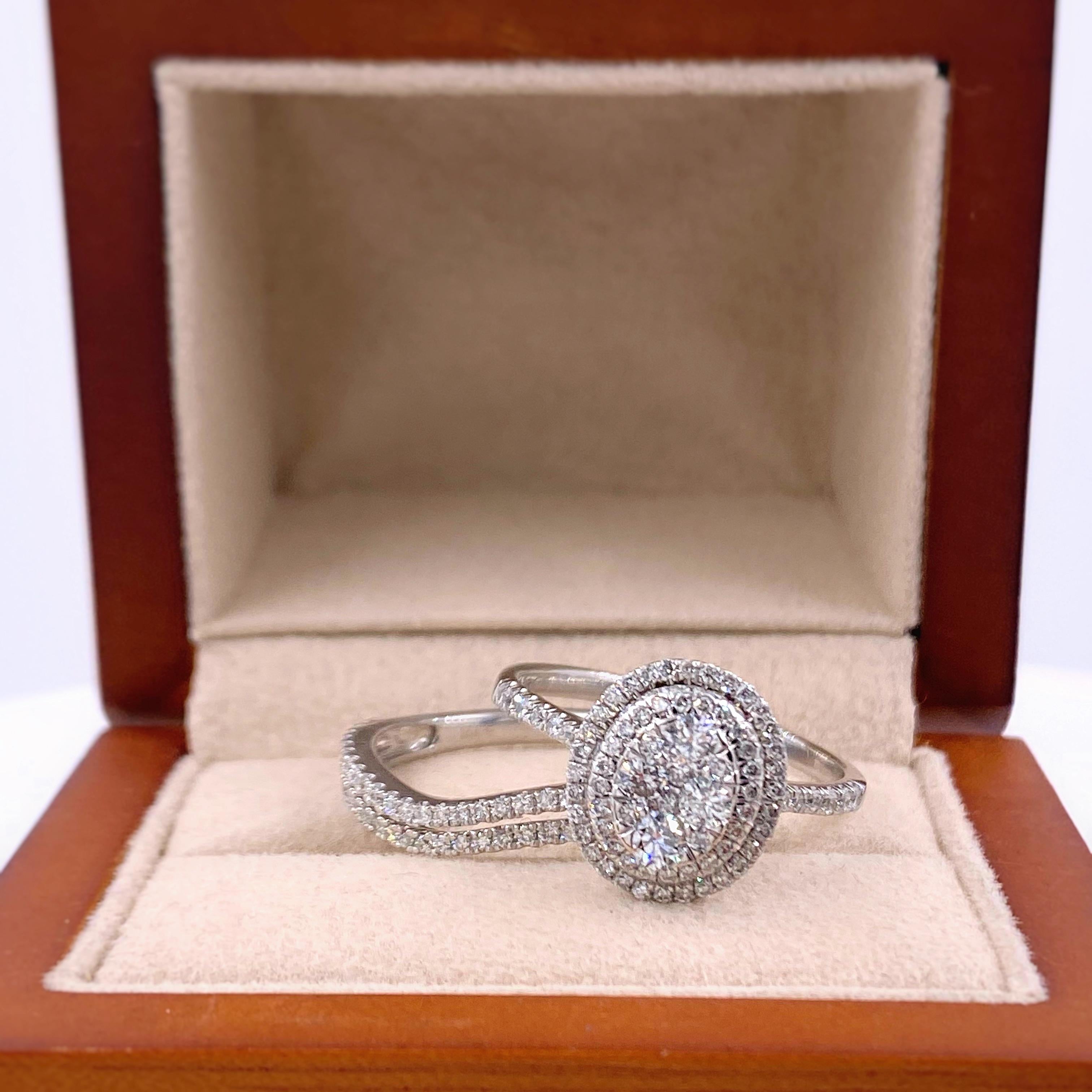 Cluster Halo Diamond Engagement Ring Wedding Set 1.28 Carat 4