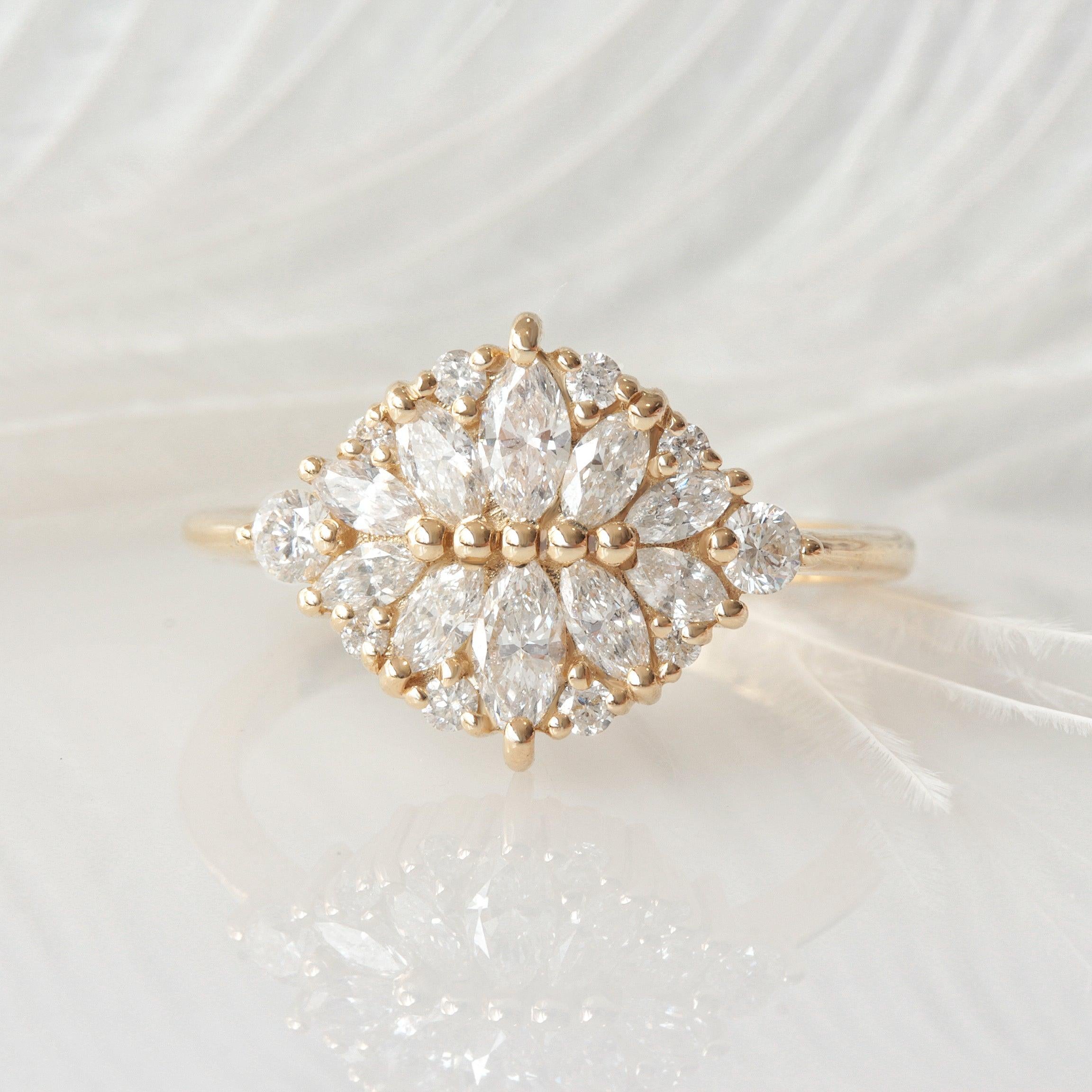 Contemporary Cluster Marquise Diamond Engagement Ring, 14k Yellow Gold 'Reflections' For Sale
