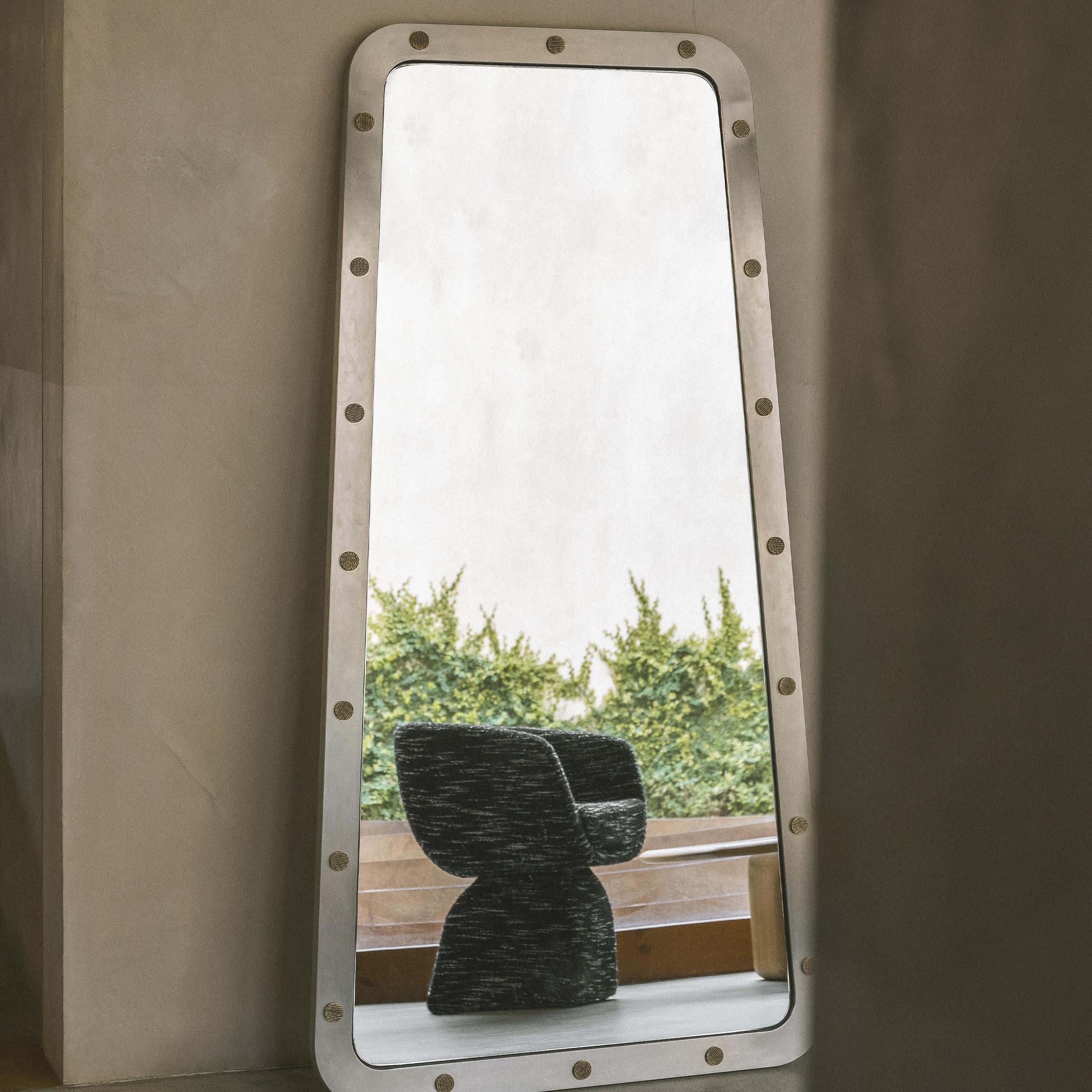 Cluster Mirror by DUISTT 
Dimensions: W 88 x D 4 x H 170 cm
Materials: Brushed Stainless Steel and Light Bronze Details

CLUSTER mirror, crafted with great attention to detail, has a brushed stainless steel structure and light bronze details. With