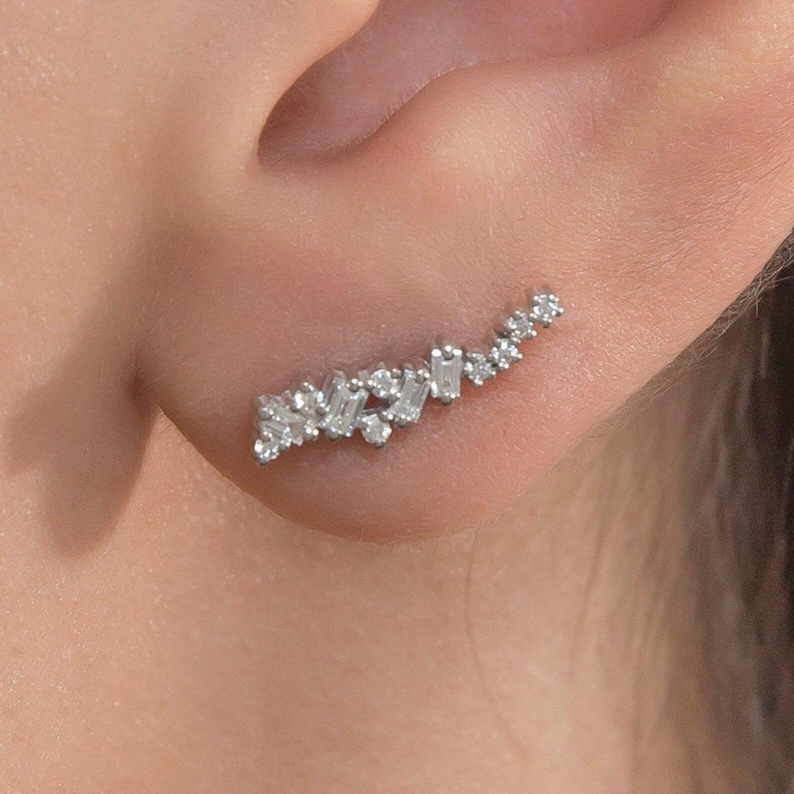 Cluster Moissanite Single Earring 925 Sterling Silver Bridal Ear Climber Earring 4