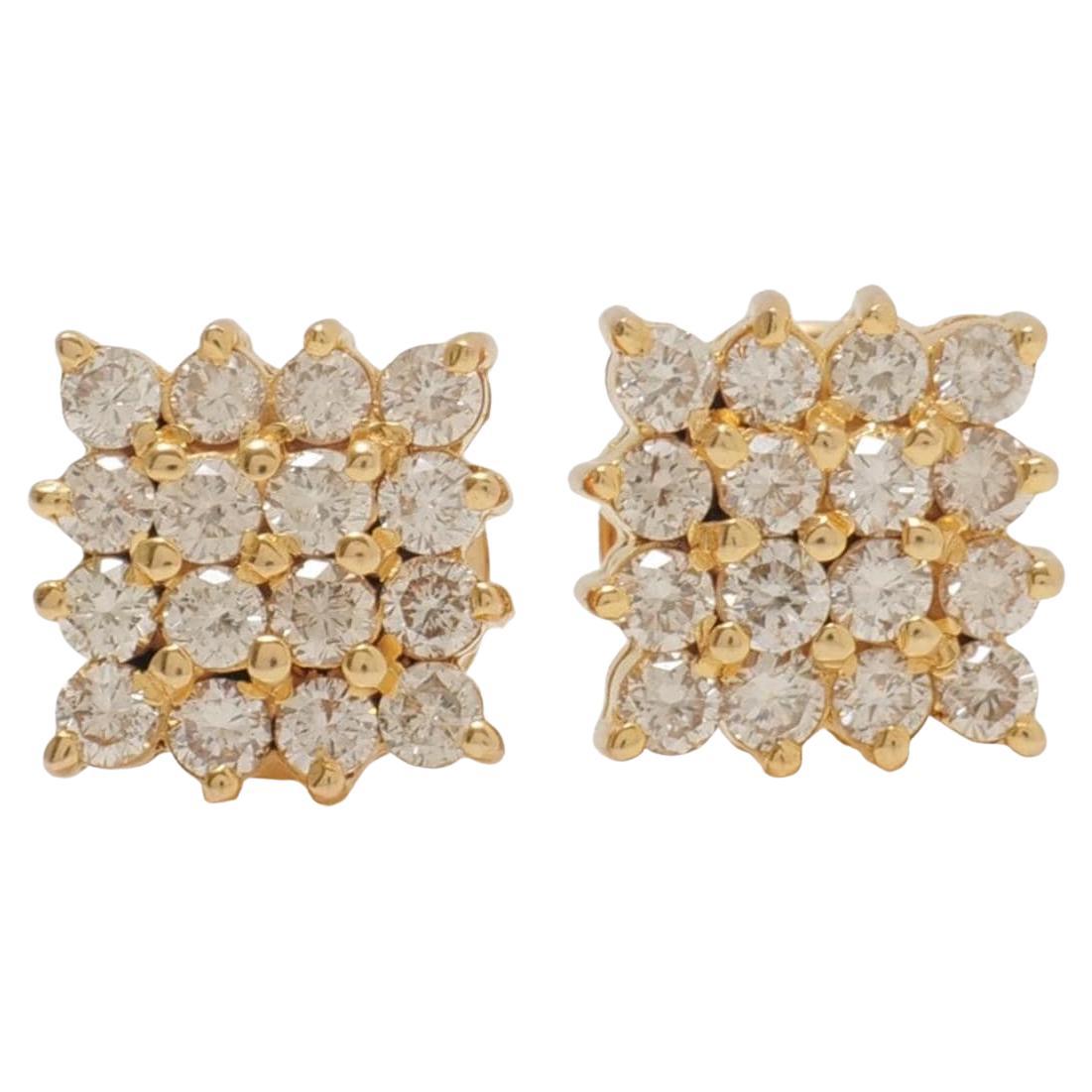 Cluster Natural Diamond Square Stud Earrings in 14K Solid Gold (Certified)