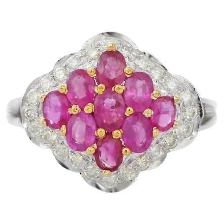 Cluster Natural Ruby Cocktail Ring with Diamonds in 14k Solid White Gold