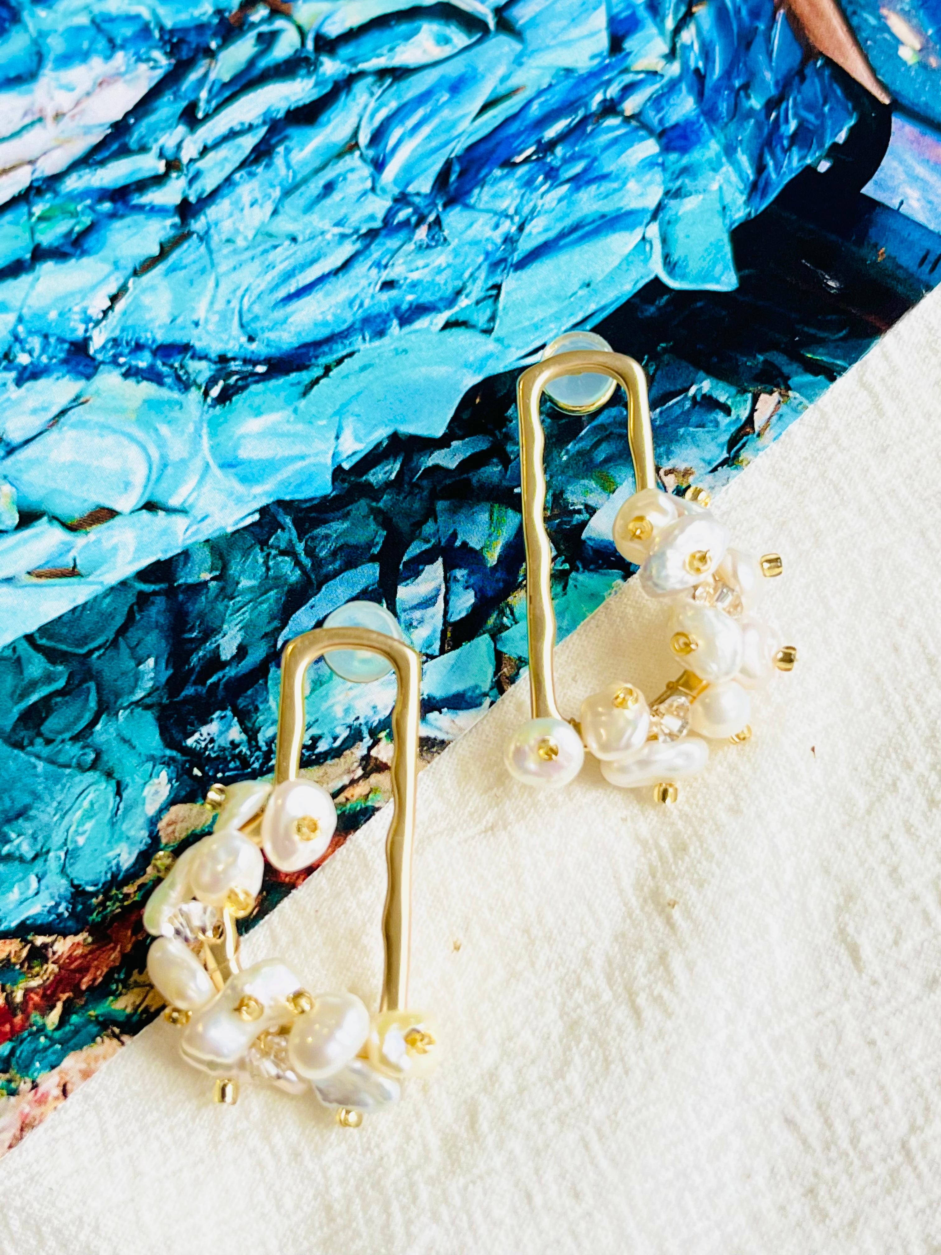 Art Deco Cluster Natural White Irregular Pearls Rectangle Gold Half Hoop Pierced Earrings For Sale