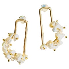 Cluster Natural White Irregular Pearls Rectangle Gold Half Hoop Pierced Earrings
