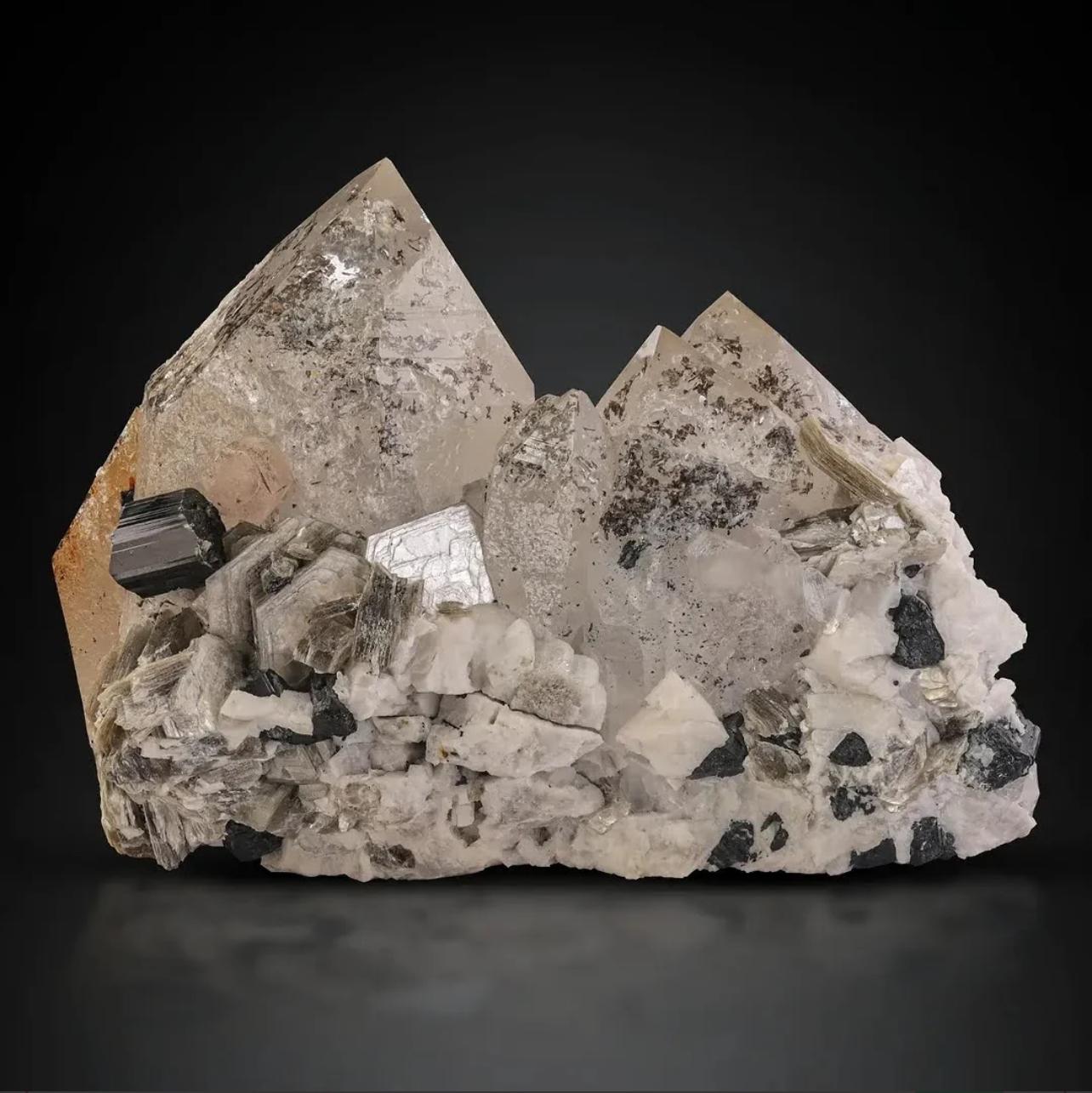 Adam Style Cluster Of Pointed Terminated Quartz With Apatite And Schorl From Pakistan For Sale