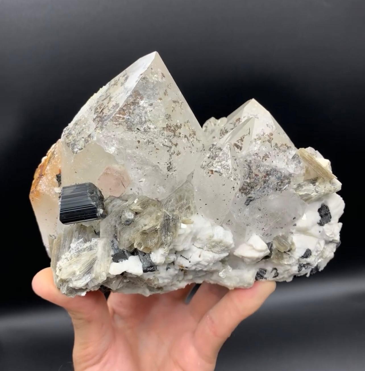 Contemporary Cluster Of Pointed Terminated Quartz With Apatite And Schorl From Pakistan For Sale