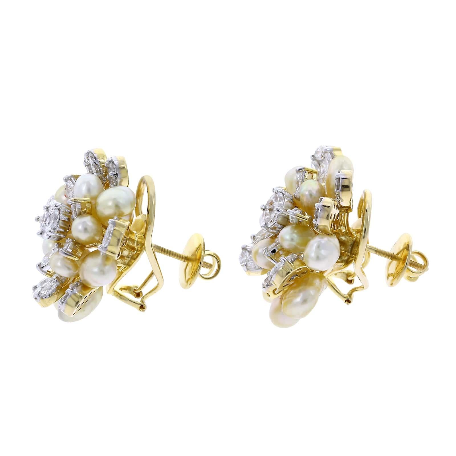Cluster Pearl and Diamond Earrings, 18 Karat Yellow Gold In New Condition In New York, NY