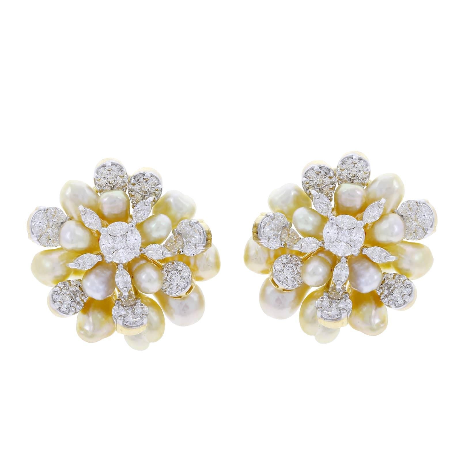 Cluster Pearl and Diamond Earrings, 18 Karat Yellow Gold