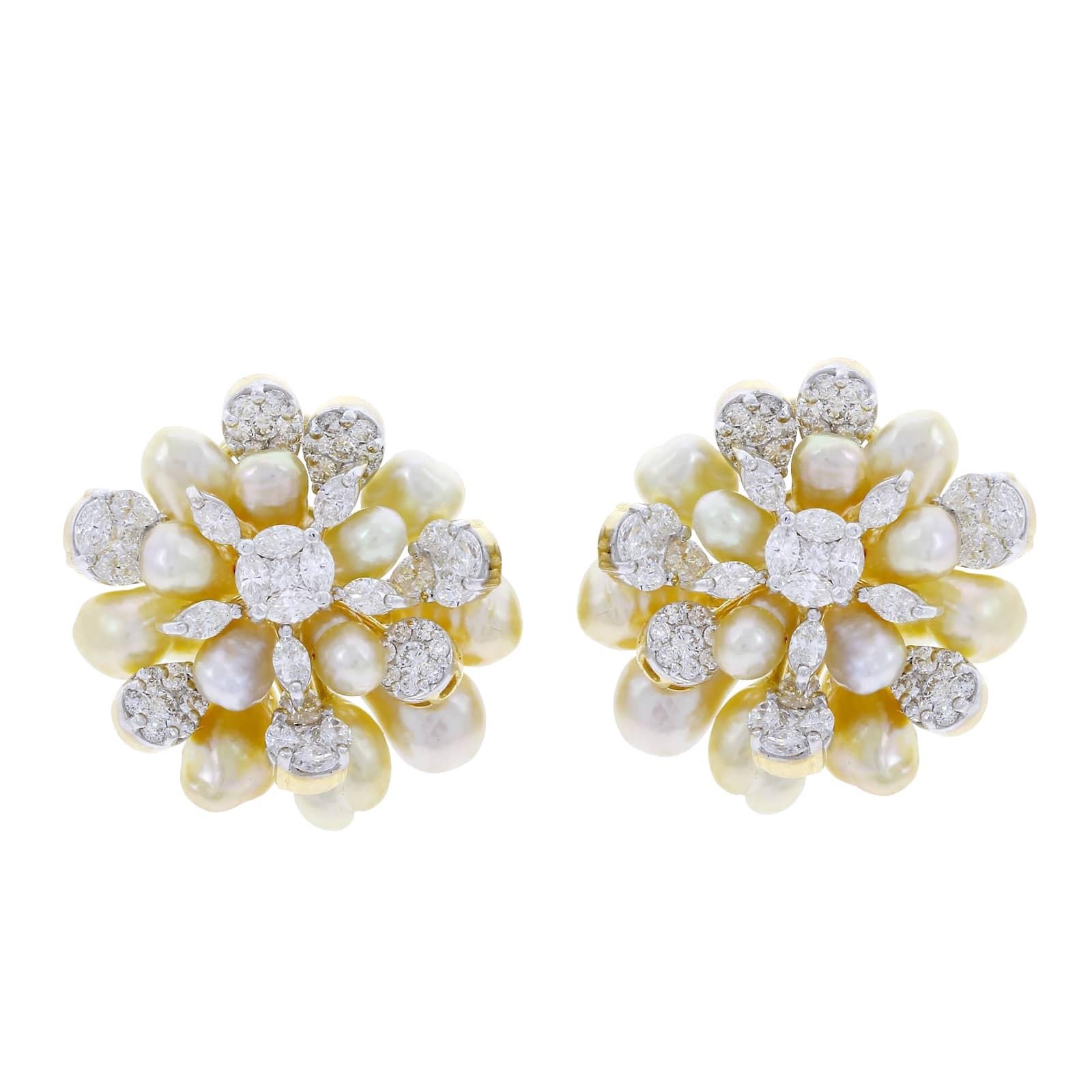 Cluster Pearl and Diamond Earrings, 18 Karat Yellow Gold For Sale at