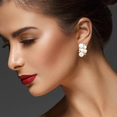Cluster Pearl Earrings Natural Diamonds 14 Karat