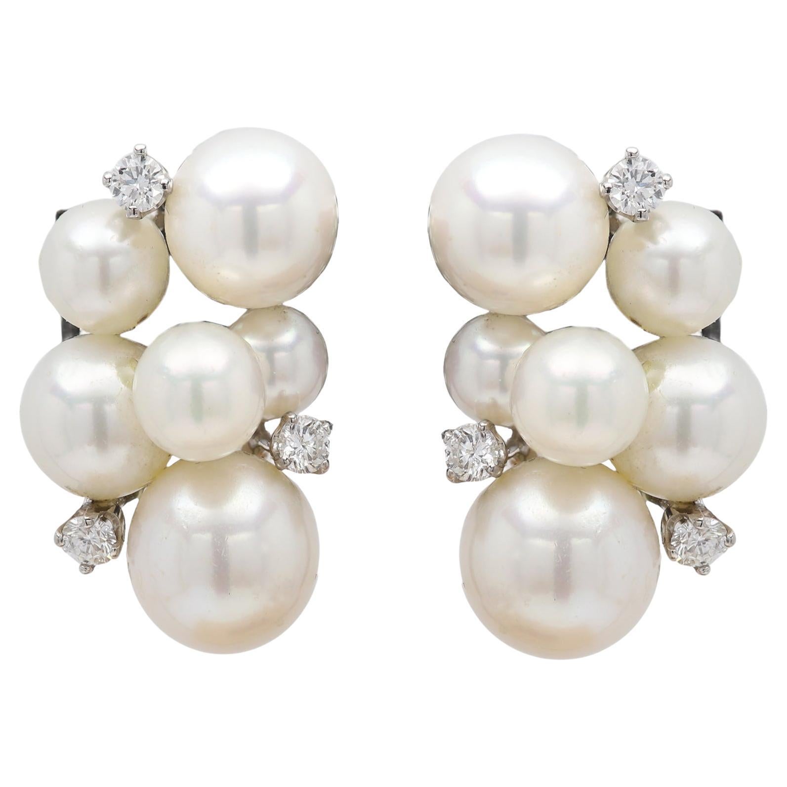 Cluster Pearl Earrings Natural Diamonds 14 Karat