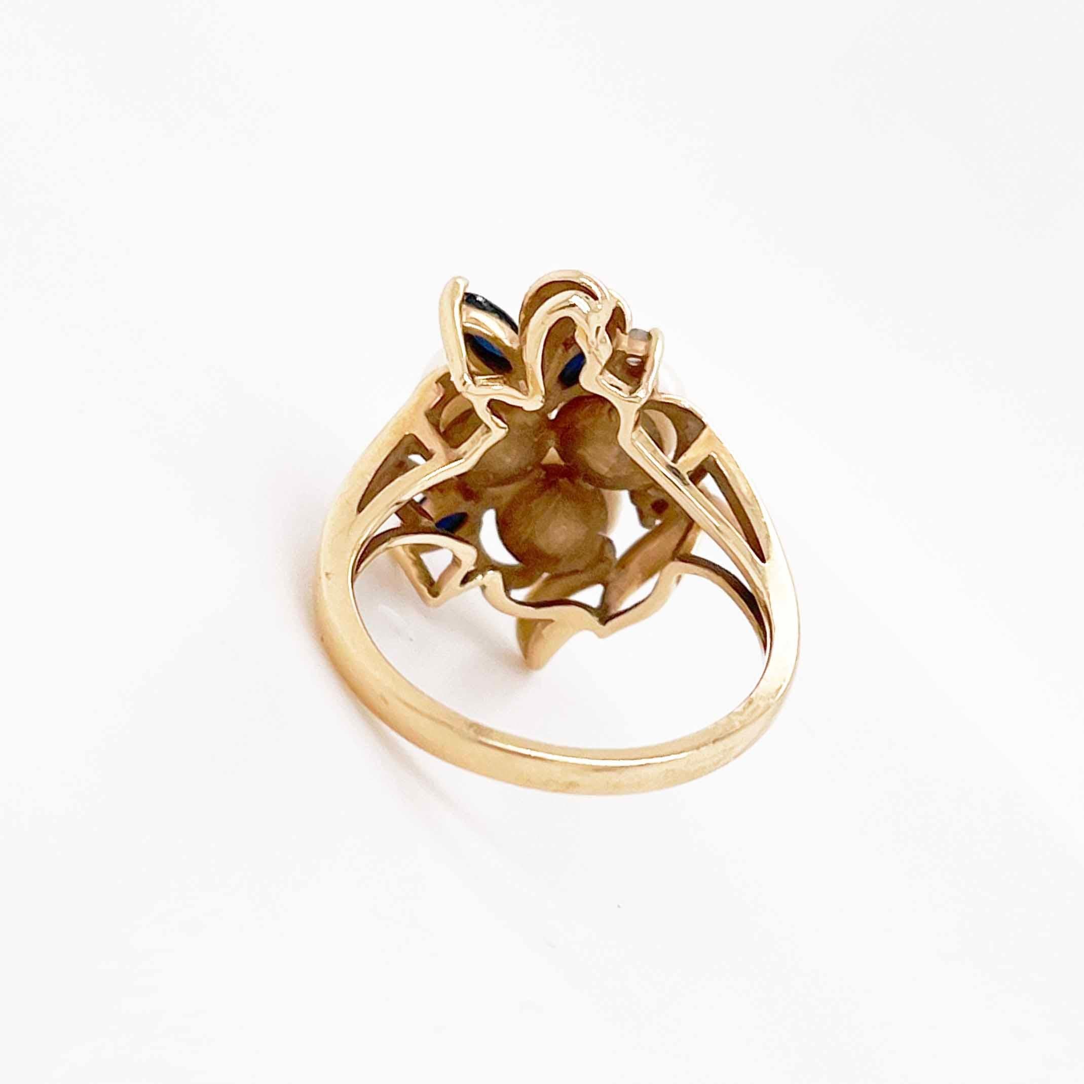 Contemporary Cluster Pearl Ring with Sapphires, 14K Yellow Gold Akoya Pearl For Sale