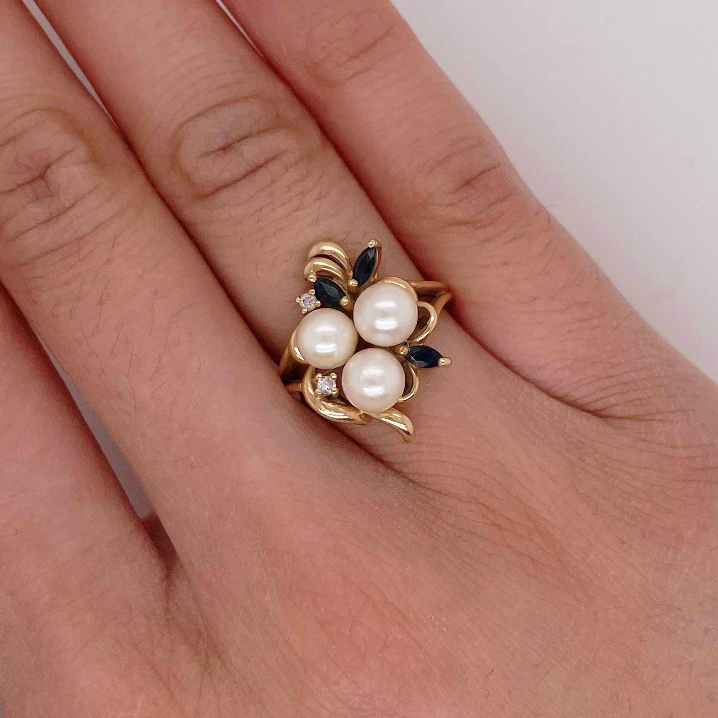 Cluster Pearl Ring with Sapphires, 14K Yellow Gold Akoya Pearl In Excellent Condition For Sale In Austin, TX