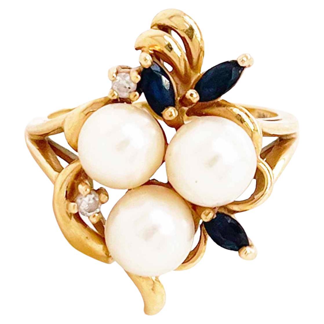 Cluster Pearl Ring with Sapphires, 14K Yellow Gold Akoya Pearl For Sale