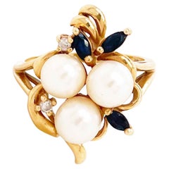Cluster Pearl Ring with Sapphires, 14K Yellow Gold Akoya Pearl