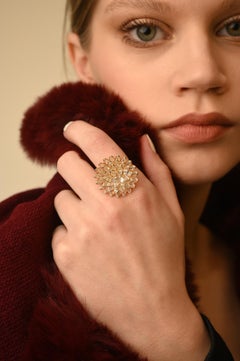 6.36 Carat Rainbow Moonstone Flower Cocktail Ring in 14k Solid Yellow Gold
