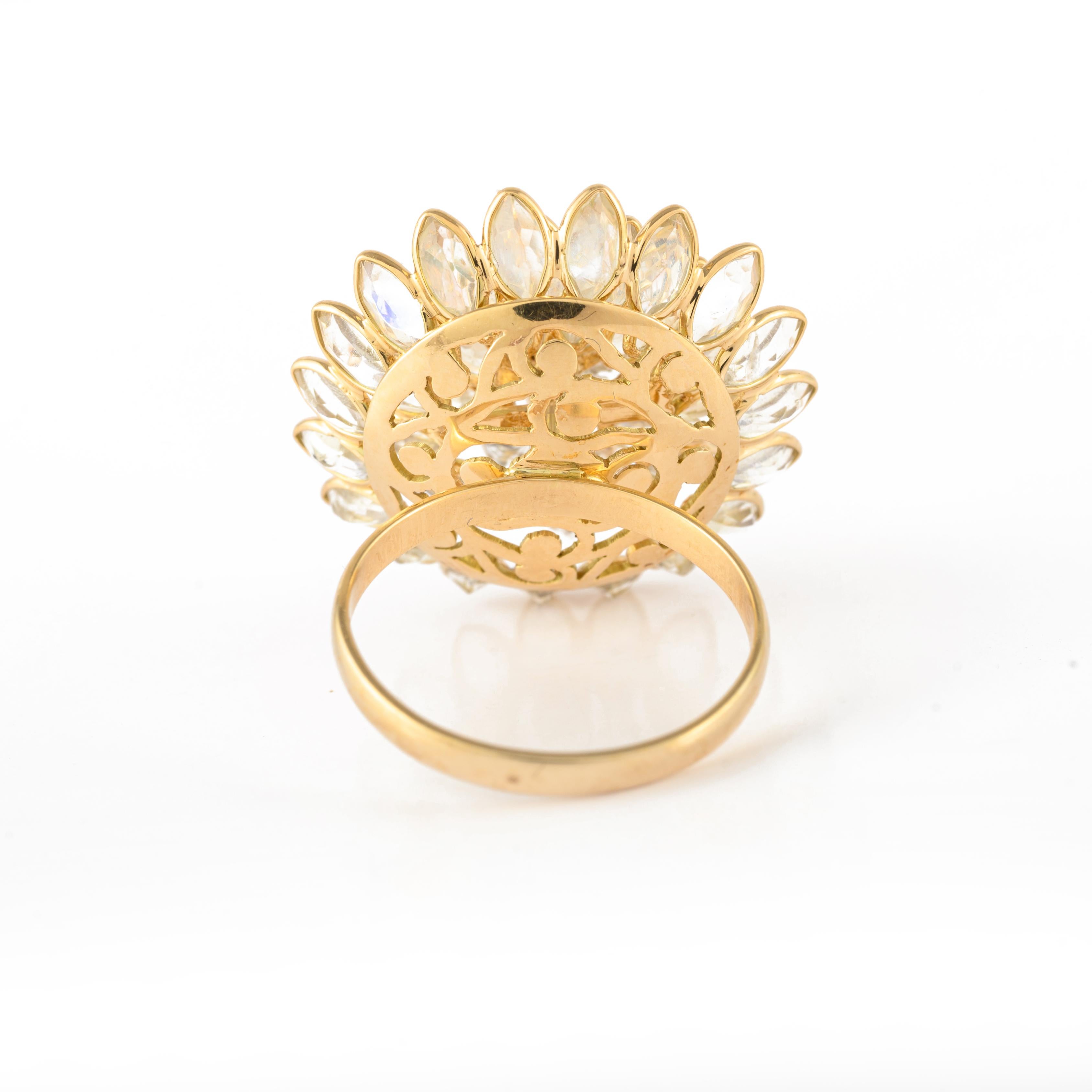 For Sale:  Cluster Rainbow Moonstone Statement Flower Ring in 14k Solid Yellow Gold 5