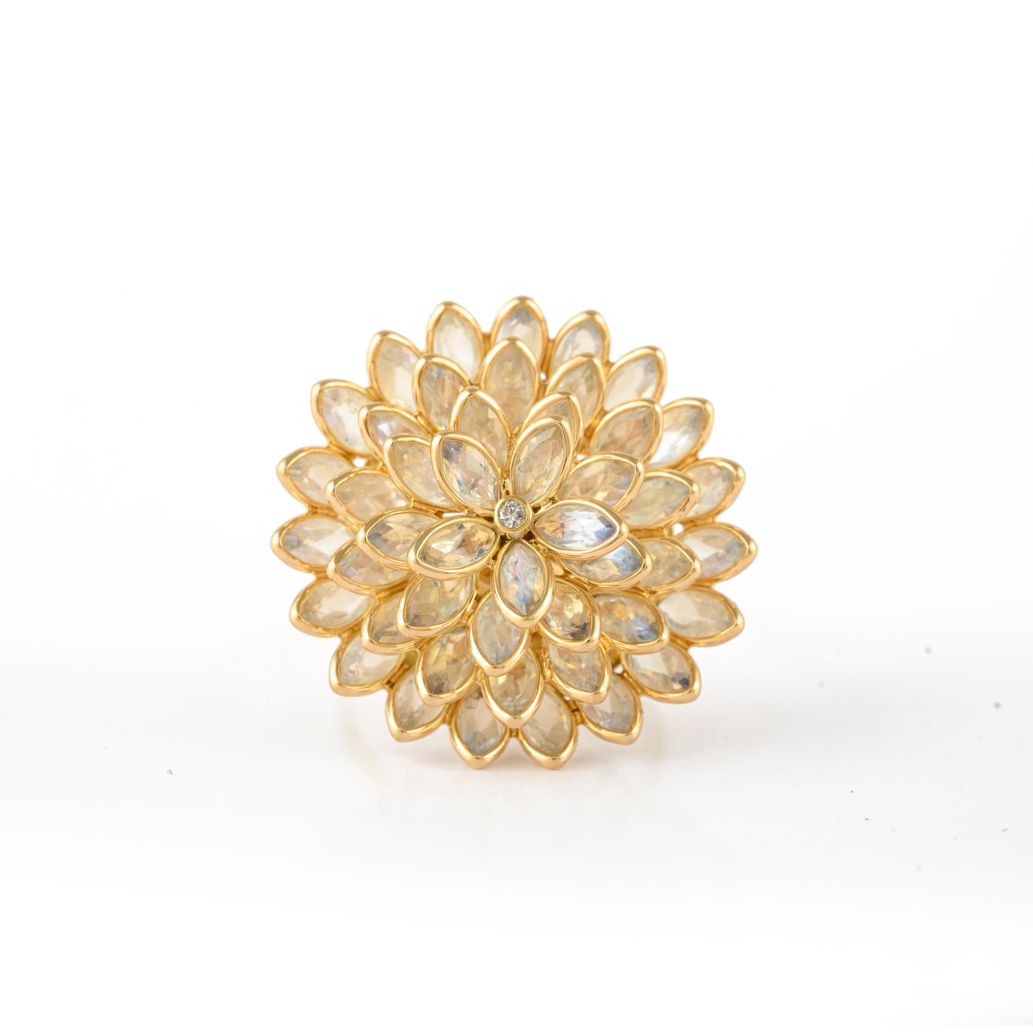For Sale:  Cluster Rainbow Moonstone Statement Flower Ring in 14k Solid Yellow Gold 9