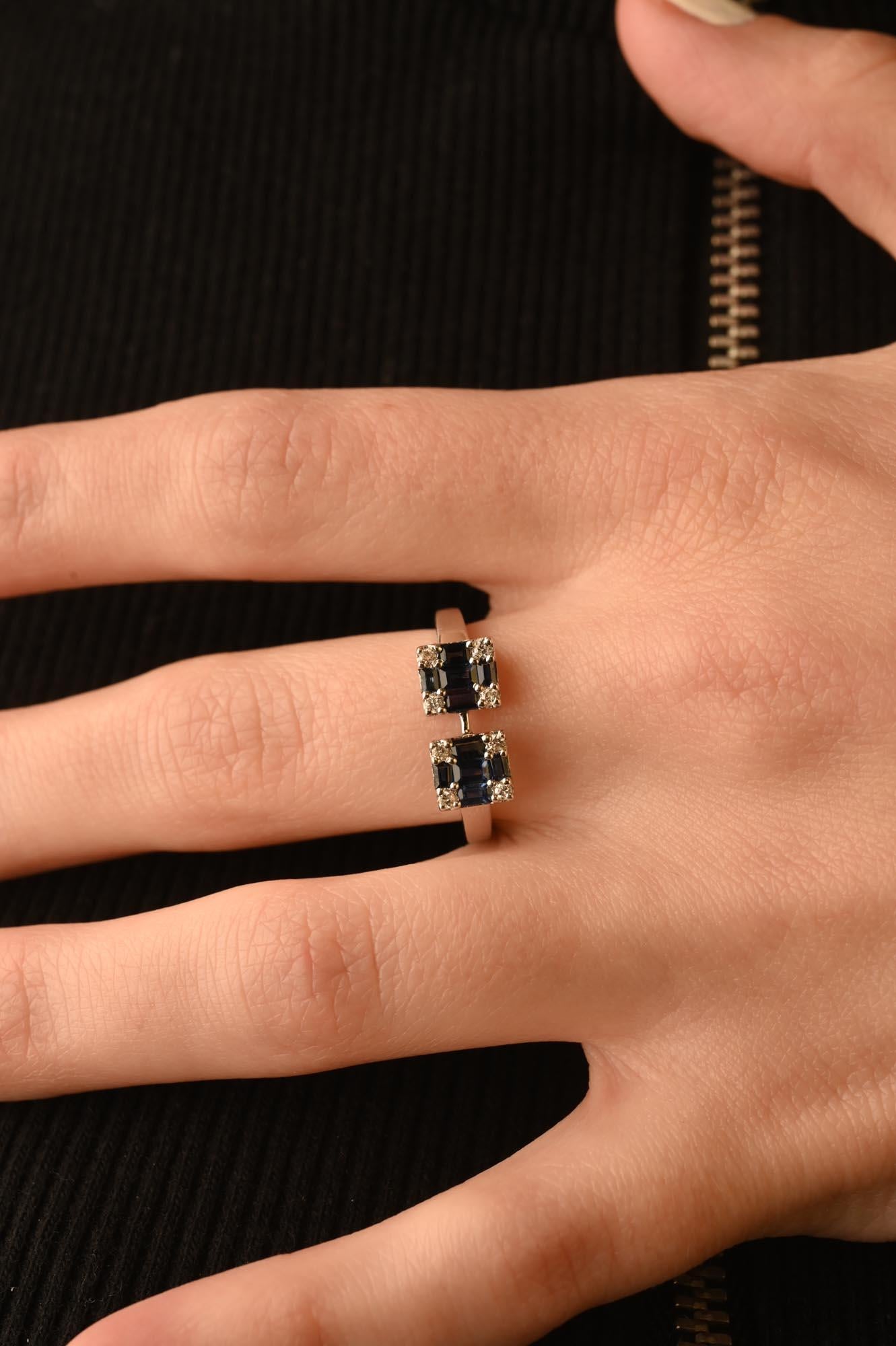 For Sale:  Cluster Rectangle Blue Sapphire Diamond Ring in 14k Solid White Gold 6