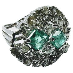 Vintage Cluster Ring 1940s Two Emerald 1.60 ct and Diamond White Gold 18 Karat
