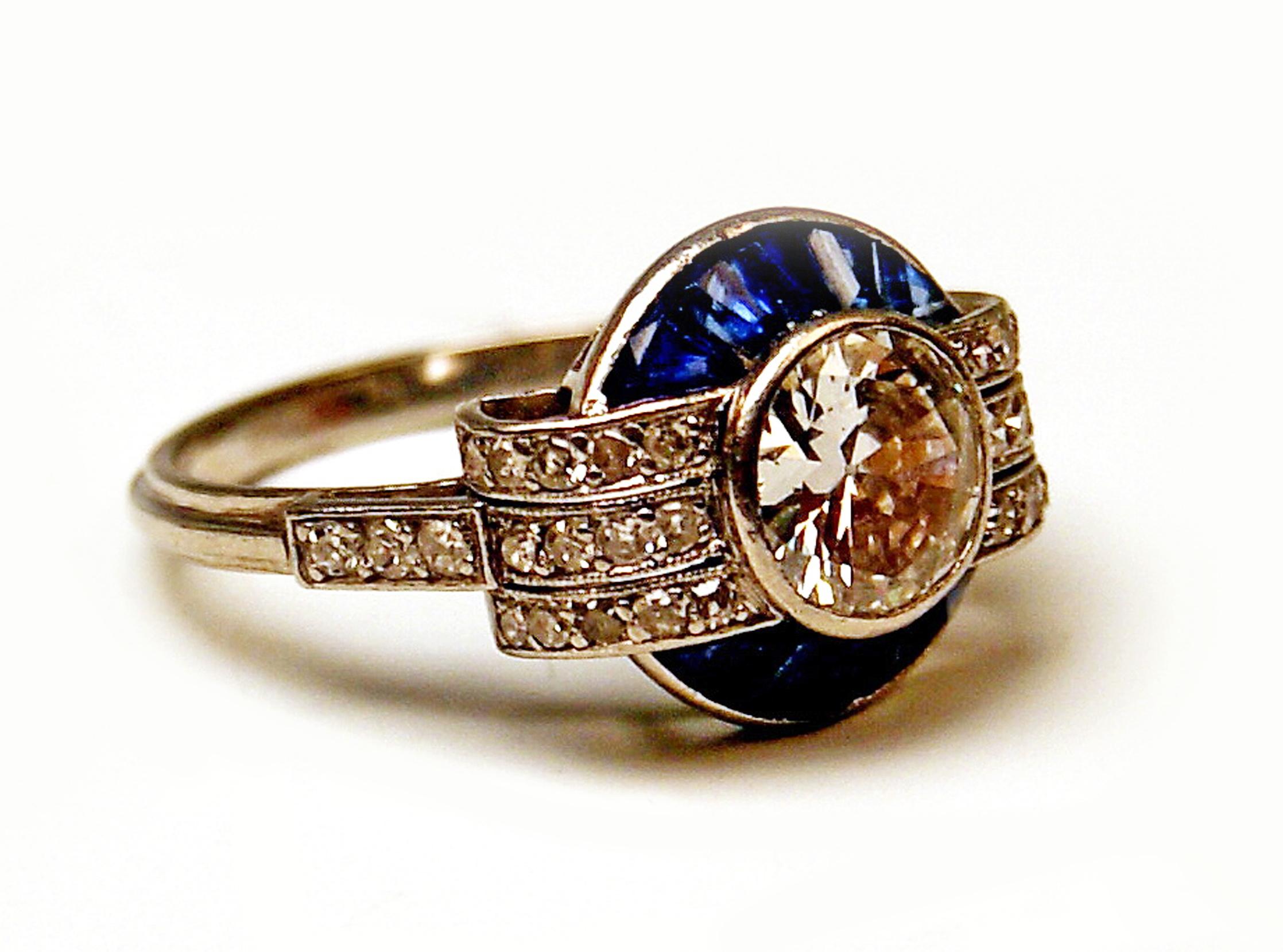 Women's Cluster Ring Art Deco Platinum Diamonds 1.60 Carat Sapphires France, circa 1925