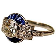 Cluster Ring Art Deco Platinum Diamonds 1.60 Carat Sapphires France, circa 1925