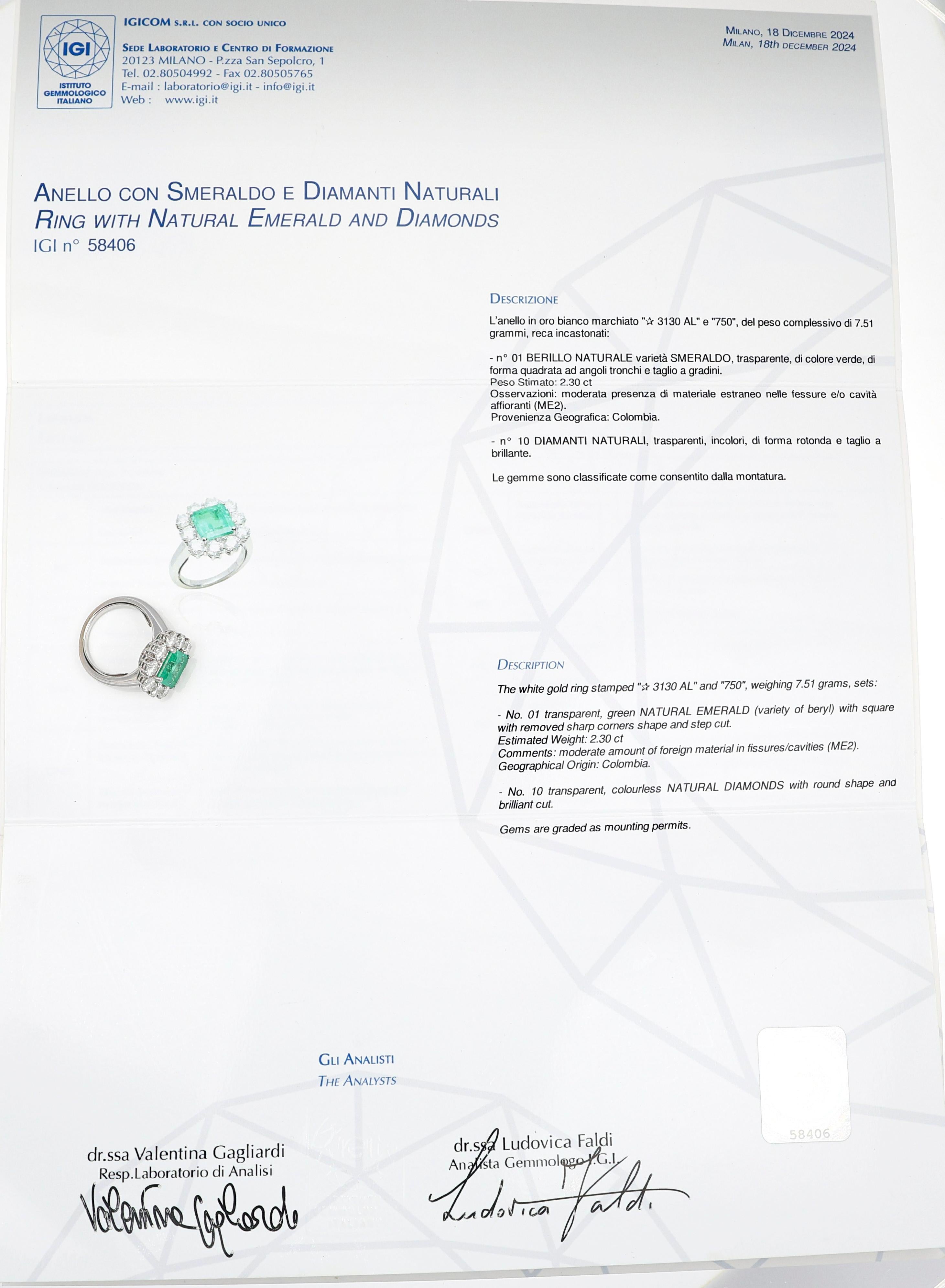 Cluster-Ring, natürlicher Smaragd von 2,30 Karat und weiße Diamanten, Weißgold im Angebot 4