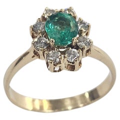Cluster Ring Natural Emerald Colombia 0.60 Ctw. Diamond Yellow Gold 18 Karat