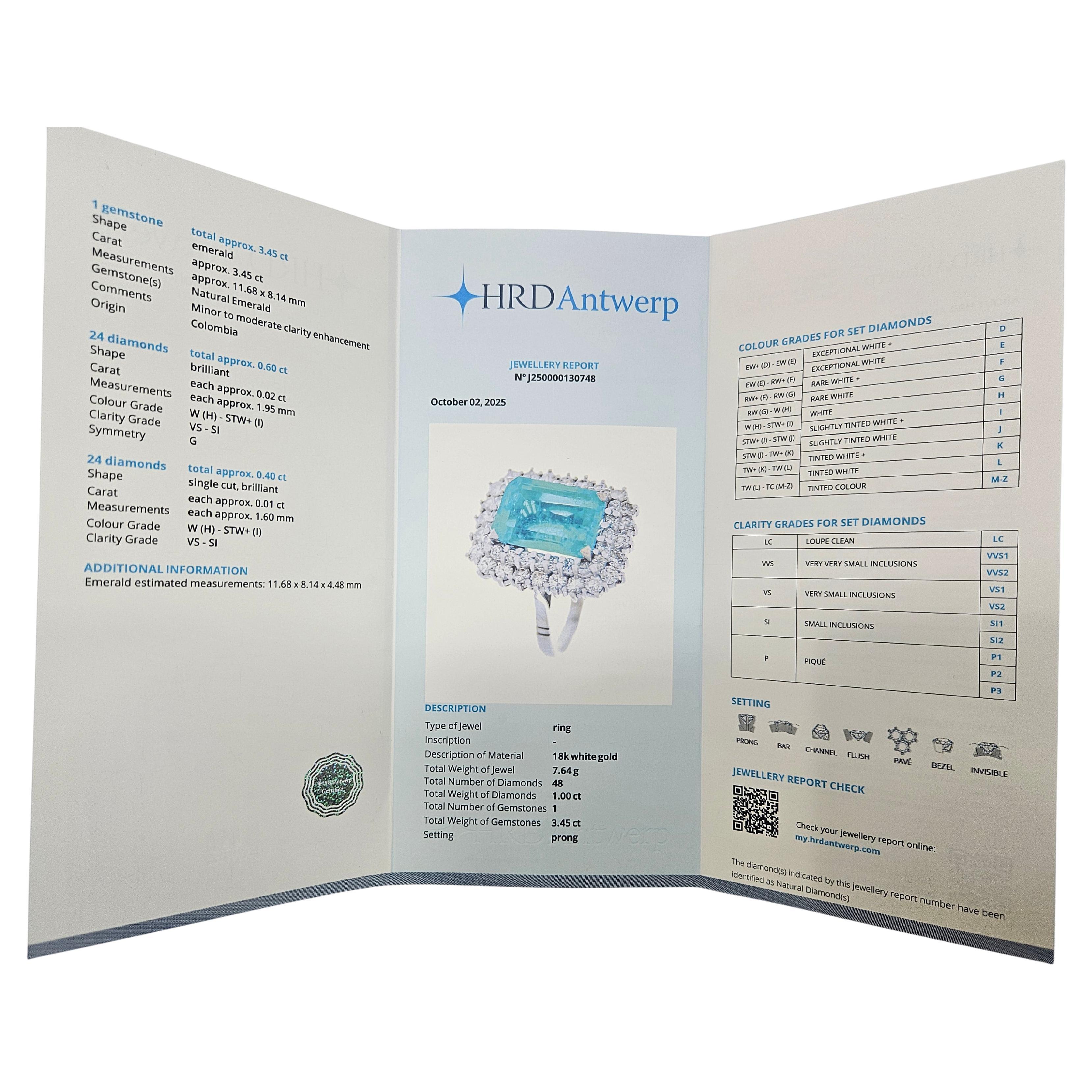 Bague Cluster Emeraude Naturelle Colombie Certifiée HRD 3.45 Cts. Or blanc 18 carats en vente 6