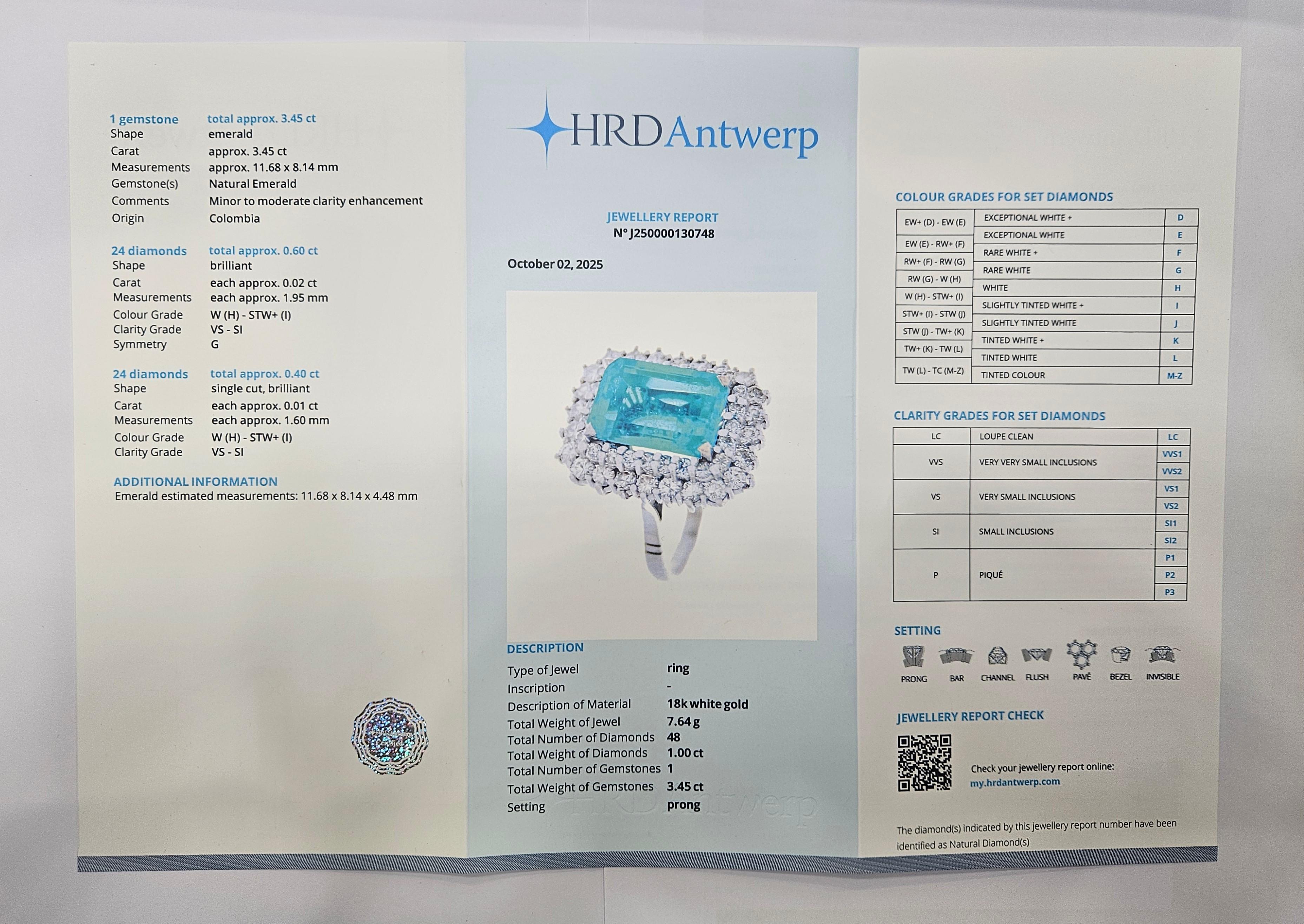 Bague Cluster Emeraude Naturelle Colombie Certifiée HRD 3.45 Cts. Or blanc 18 carats en vente 7