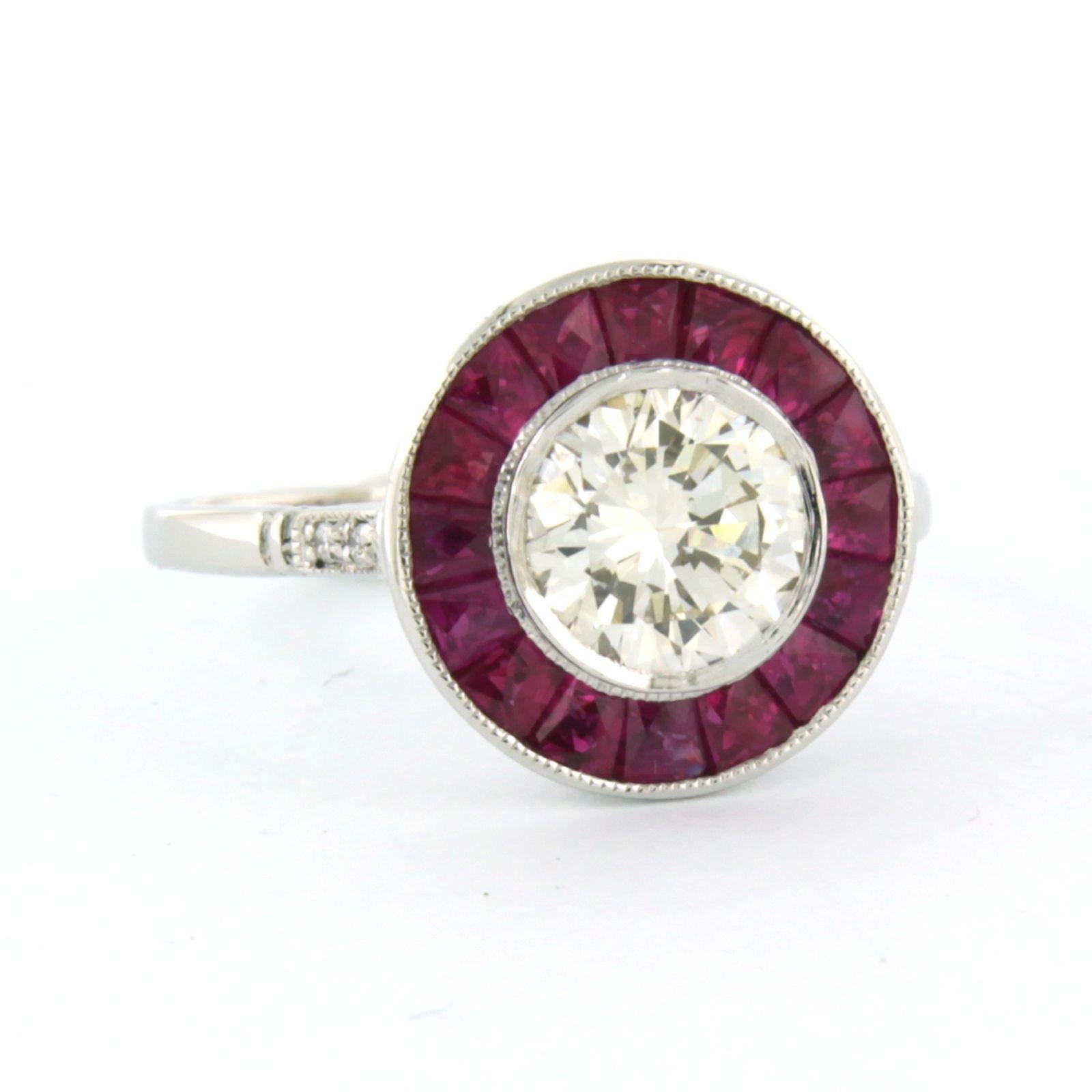 Art Deco Cluster ring set with diamonds 1.14ct and ruby 1.50ct platinum ring For Sale