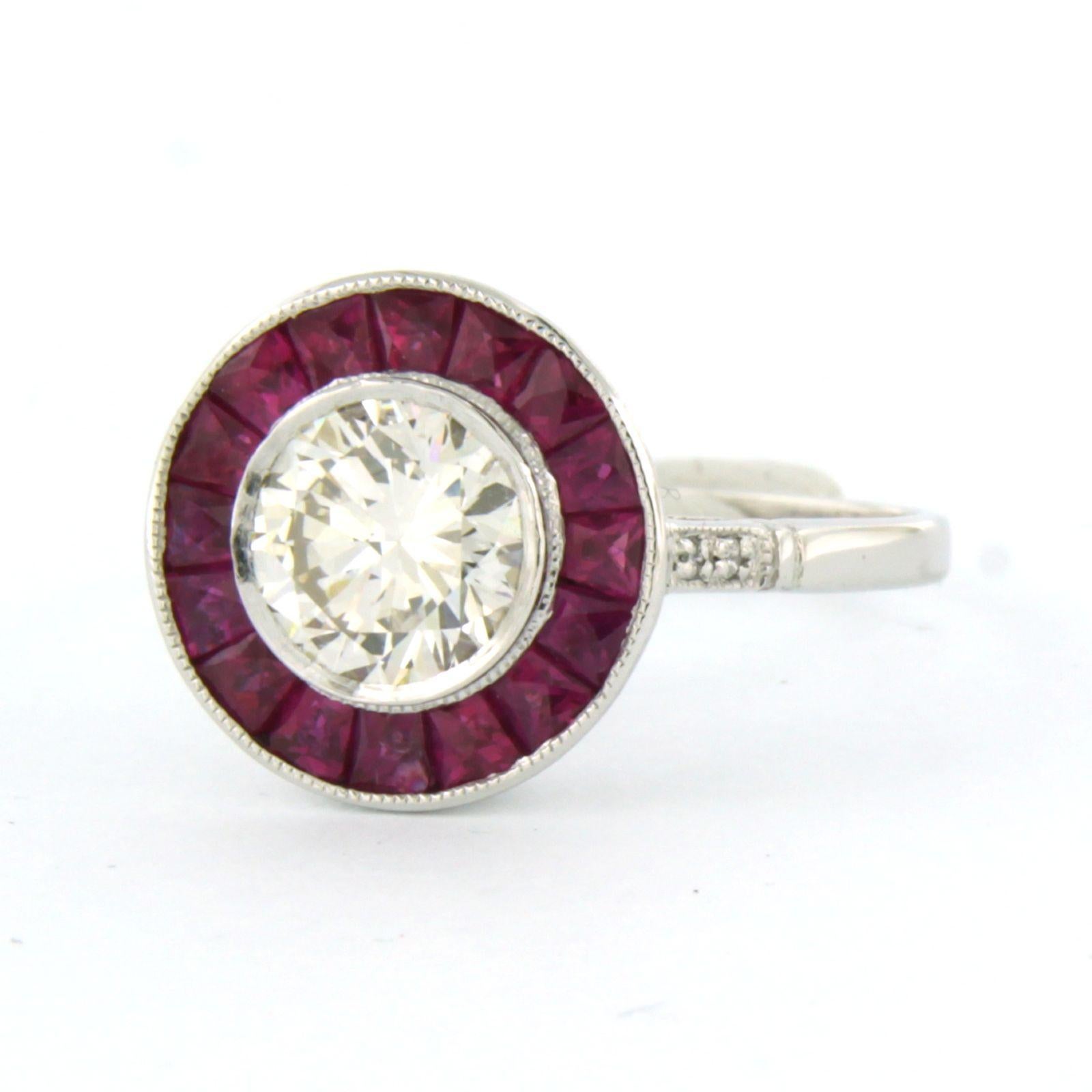 Brilliant Cut Cluster ring set with diamonds 1.14ct and ruby 1.50ct platinum ring For Sale