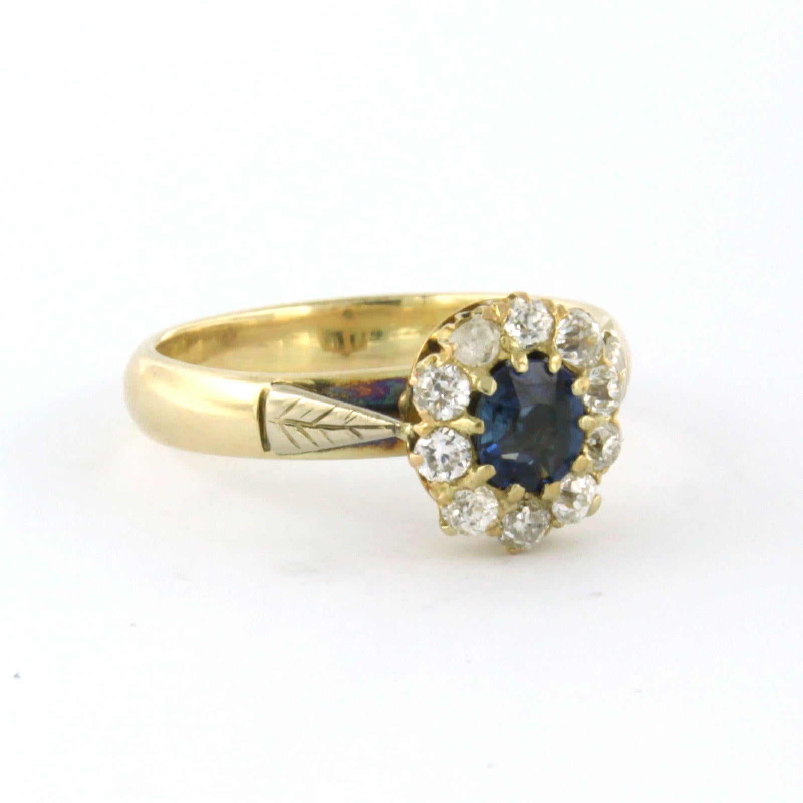 Art Nouveau Cluster ring set with sapphire and diamonds 14k yellow gold For Sale