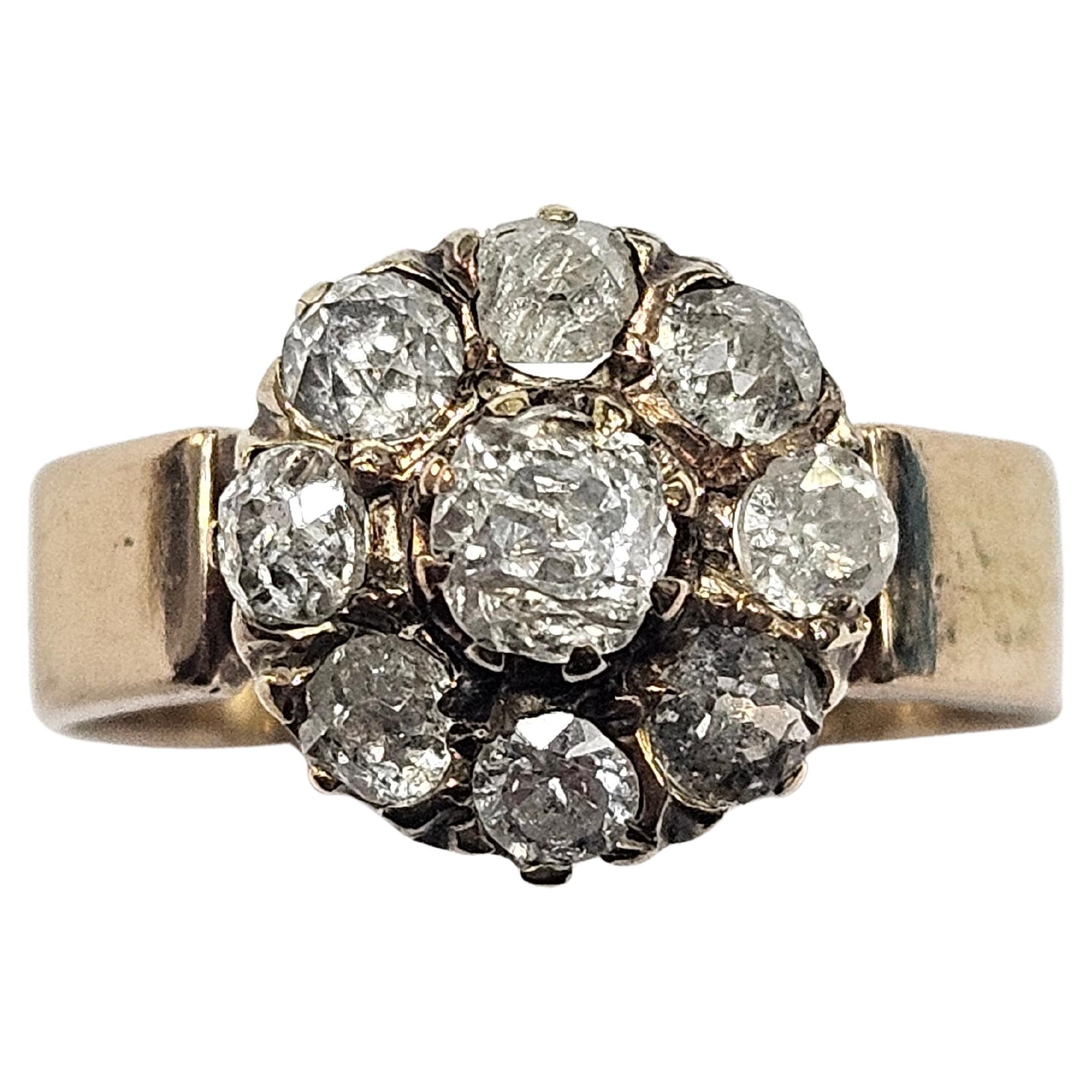 Bague Cluster espagnole S.XIX Diamant 0.72 Ctw. Or jaune 18 carats, taille mine ancienne Unisexe en vente