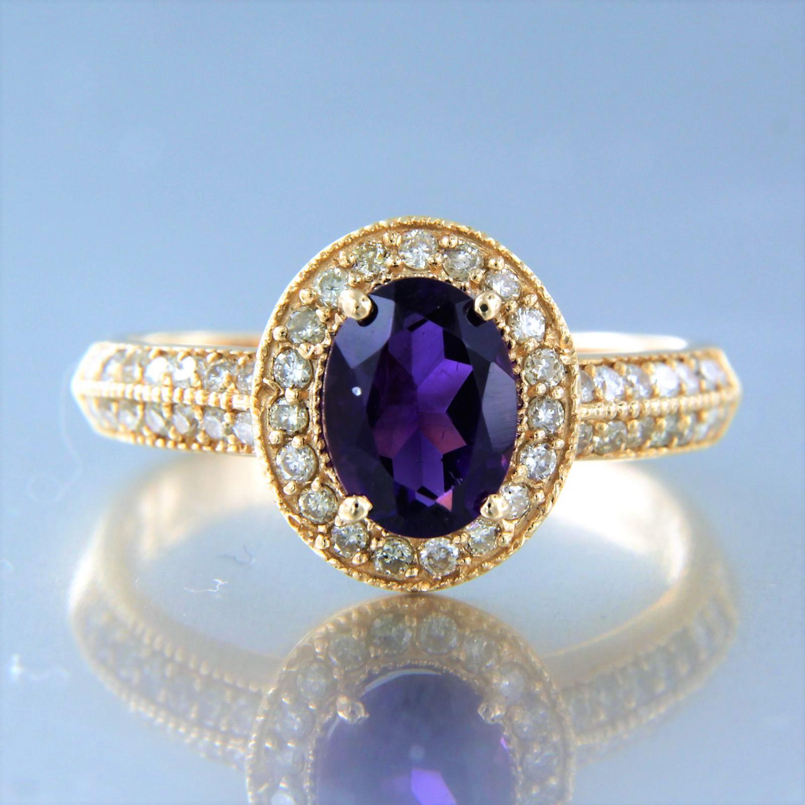 14k pink gold ring set with amethyst. 1.30ct and around it brilliant cut diamonds up to. 0.44ct – H/I – VS/SI – ring size U.S. 7.25 – EU. 17.25(54)

detailed description:

The top of the ring is in an oval shape measuring 1.1 cm by 1.0 cm wide and