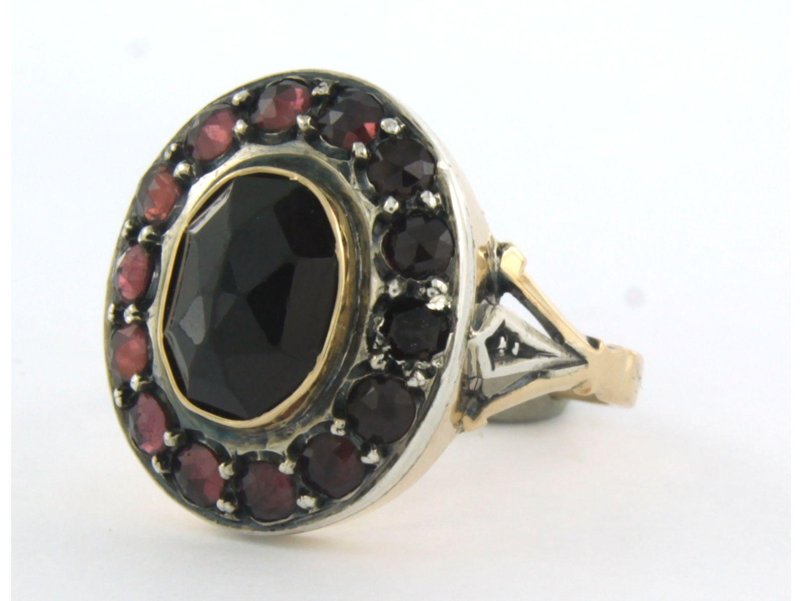 Rose Cut Cluster Ring with garnet 14k gold and silver For Sale
