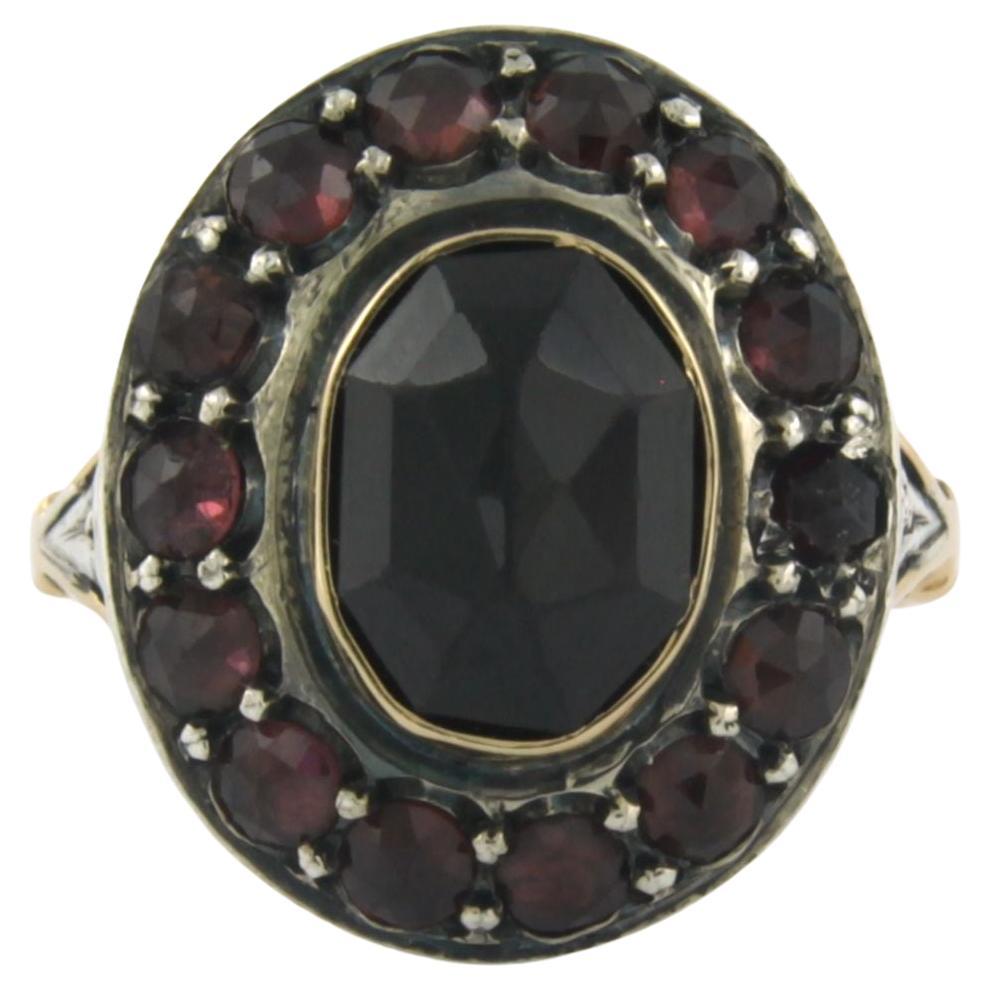 Cluster Ring with garnet 14k gold and silver For Sale