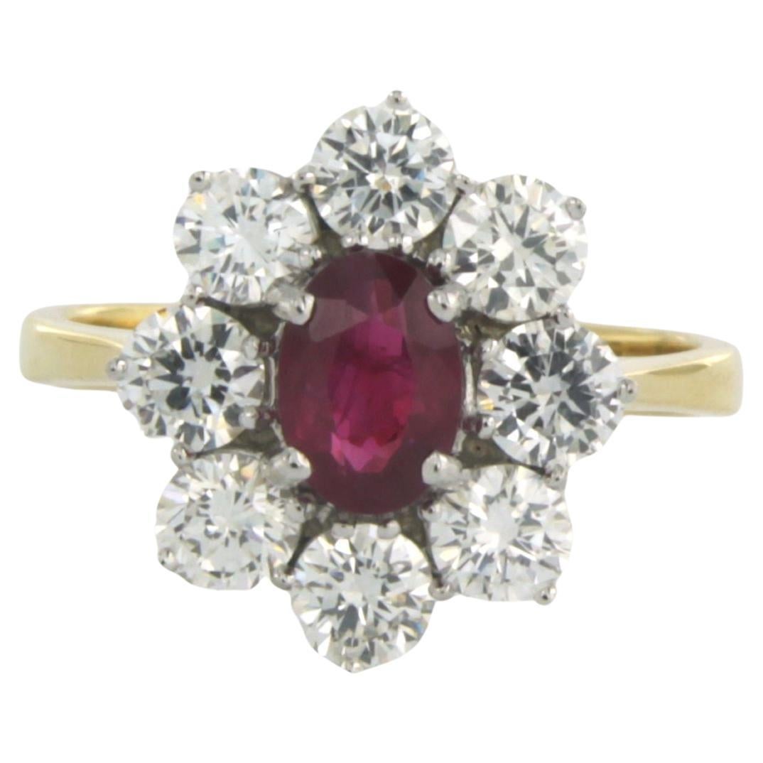 Cluster ring with Ruby and brilliant cut diamond up to 1.60 ct 18k bicolour gold