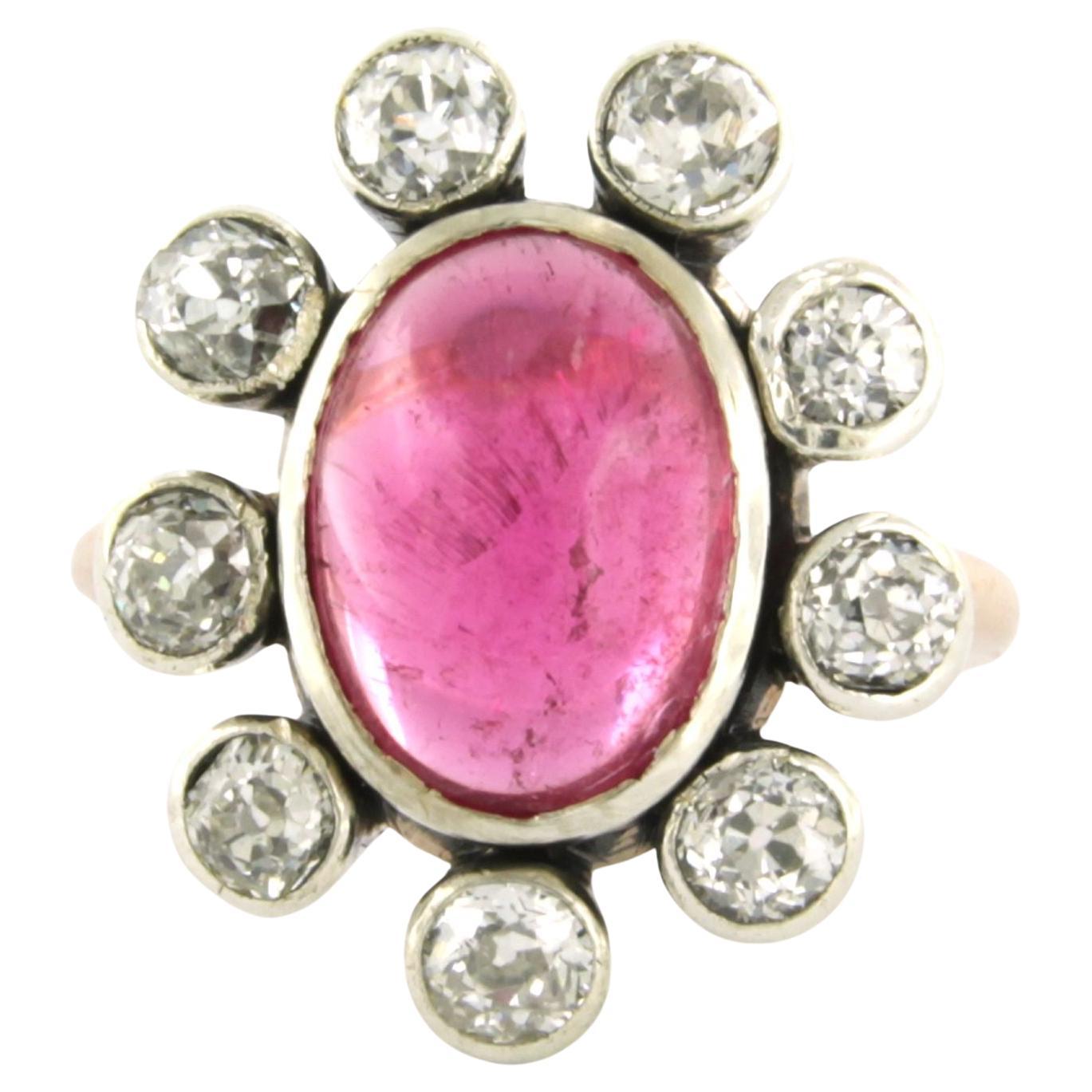 Anillo en racimo con turmalina y diamantes talla mina vieja de hasta 1,50 ct Oro de 10k