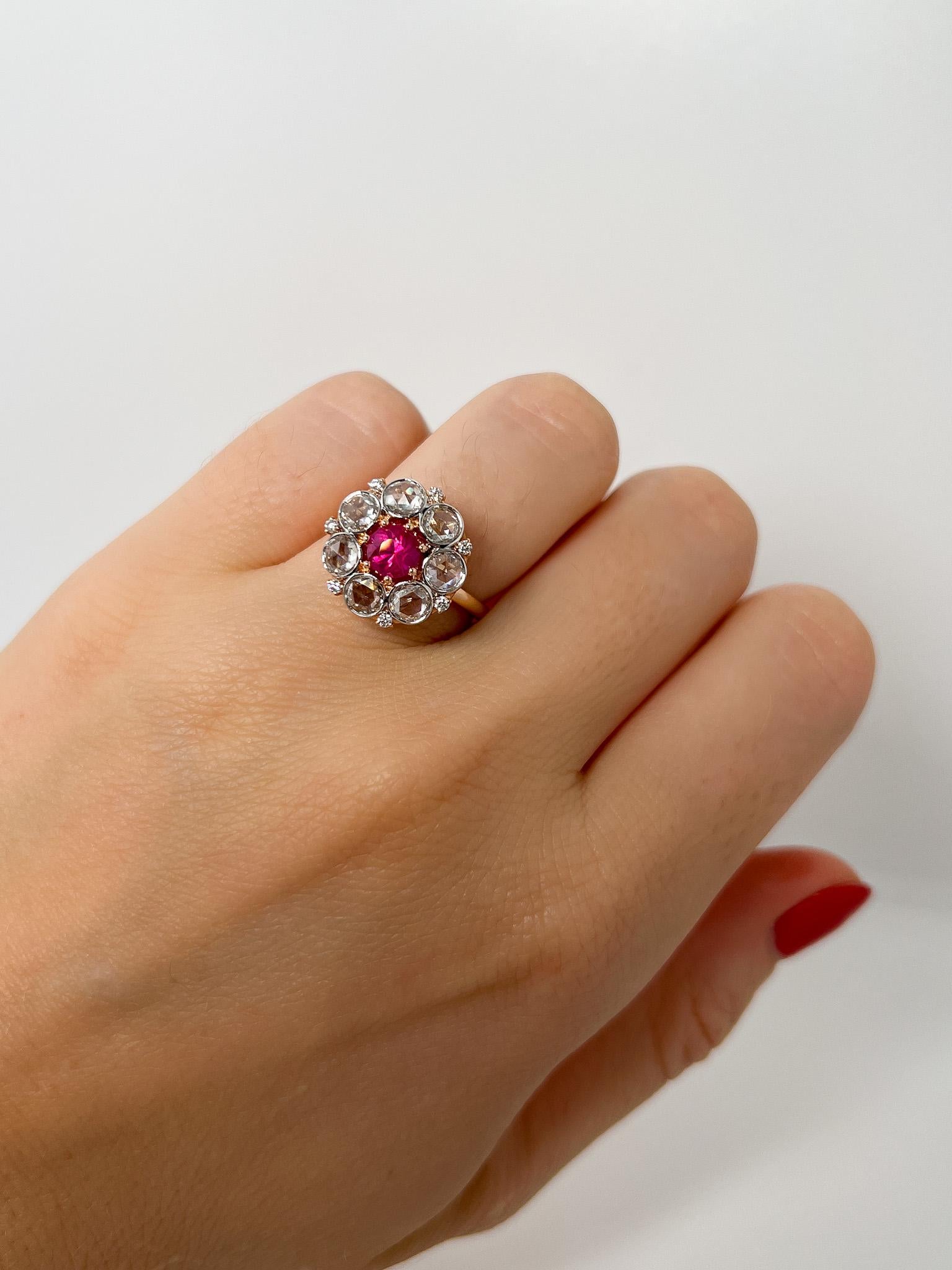 Antique Style Ruby and Rose Cut Diamond Cluster Ring For Sale 1