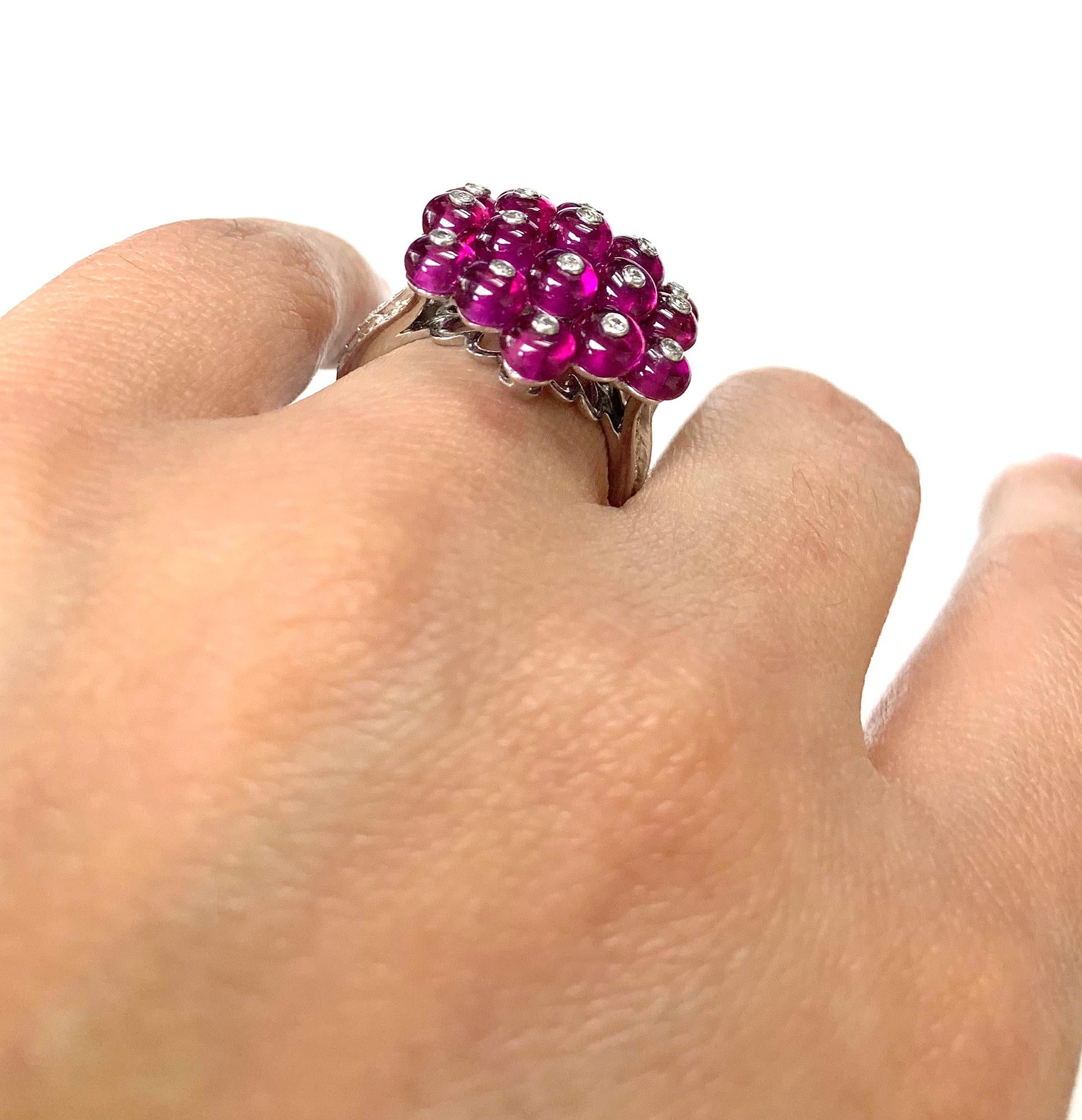 Cluster Ruby Bead Ring in Platinum, from 'G-One' Collection

Approx. Wt: 11.42 Carats (Ruby)

Diamonds: G-H / VS, Approx Wt: 0.70 Carats 
