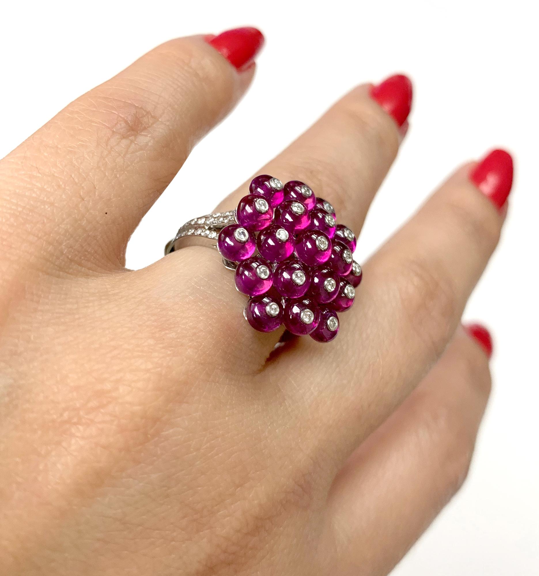 Contemporary Goshwara Ruby Bead With Diamonds Cluster Cocktail Ring For Sale