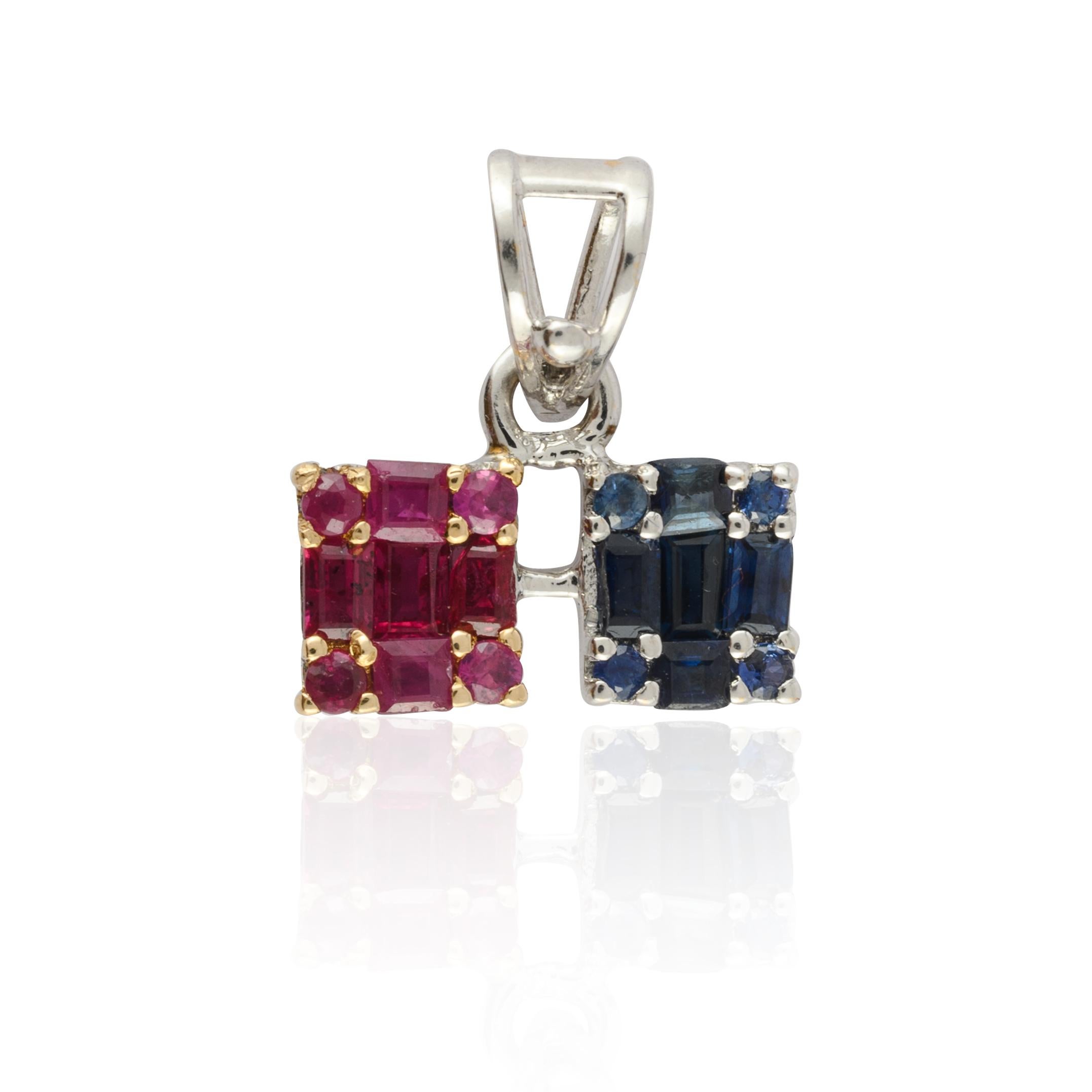 Everyday Ruby Sapphire Cluster Pendant studded with mixed cut sapphire and ruby in 14k Gold. This stunning piece of jewelry instantly elevates a casual look or dressy outfit. 
Sapphire stimulates concentration and reduces stress and ruby improves