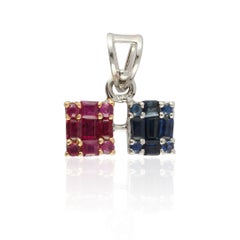 Cluster Ruby Blue Sapphire Pendant 14k White Gold, Everyday Pendant For Her